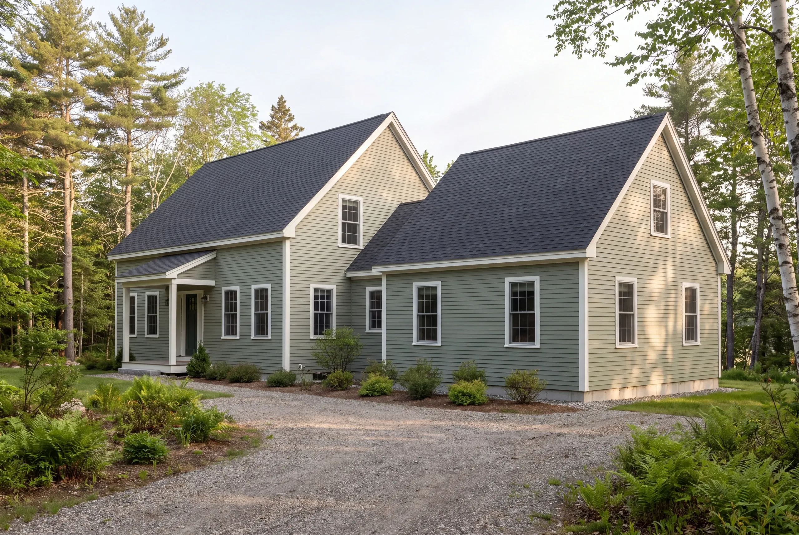 Exterior view of a light green two-story house with dark shingle roofs surrounded by trees and a gravel driveway.