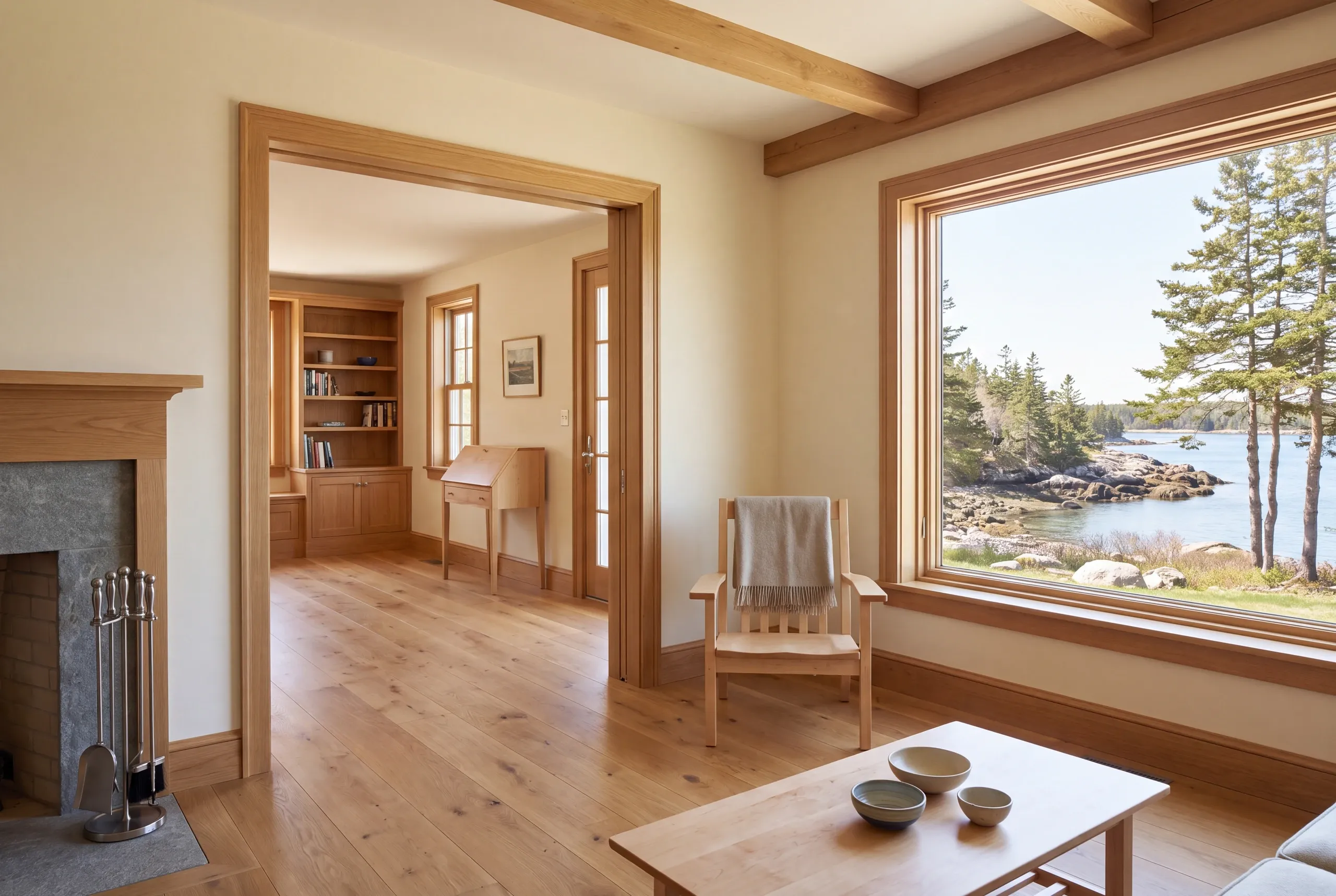 A finished living room with light wood floors, a fireplace, exposed ceiling beams, and a large window looking out at a coastal landscape, with a doorway leading to another finished room.