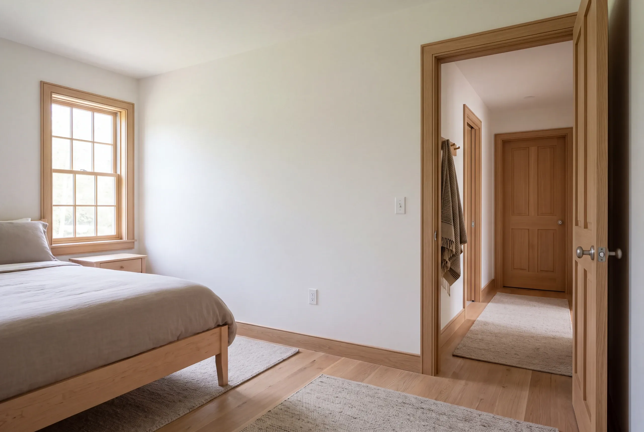 A finished bedroom with a wooden bed frame, window, and an open doorway leading to a hallway with wooden doors.
