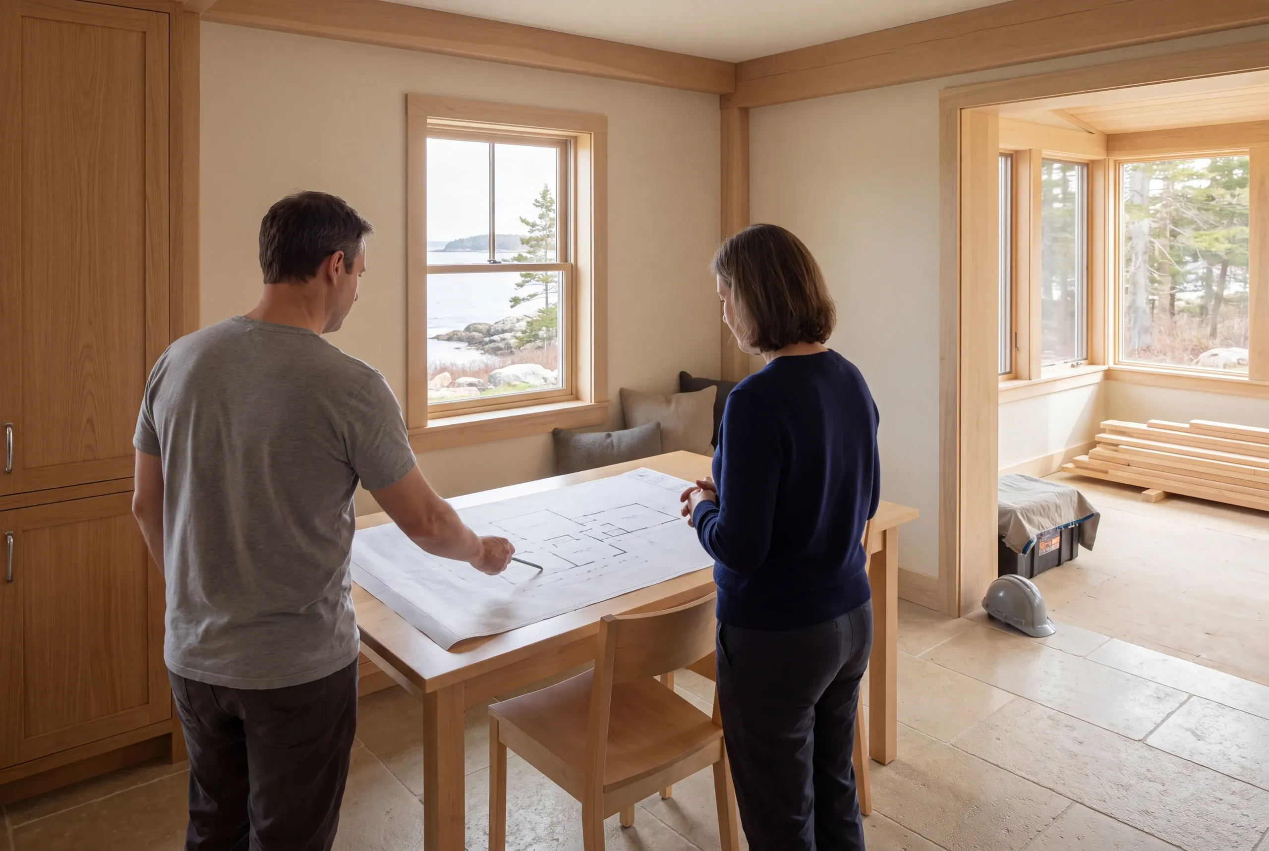 A man and a woman stand behind a wooden table reviewing a floor plan blueprint inside a room with stone tile flooring.