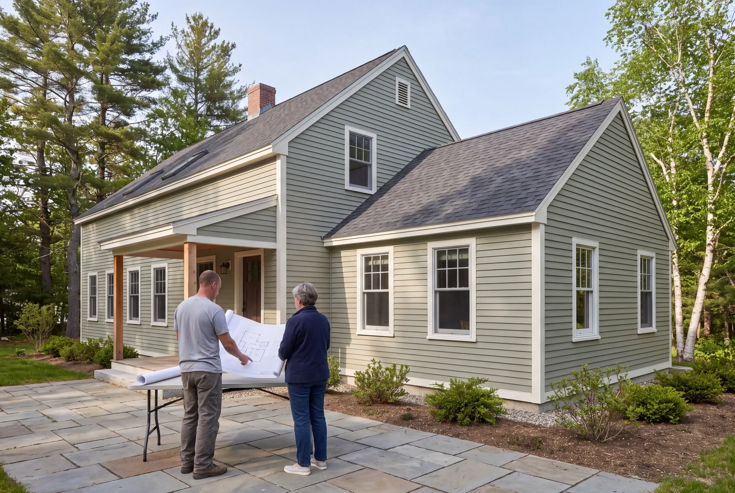 Two adults stand outside a two-story green sided house reviewing architectural blueprints spread on a folding table.