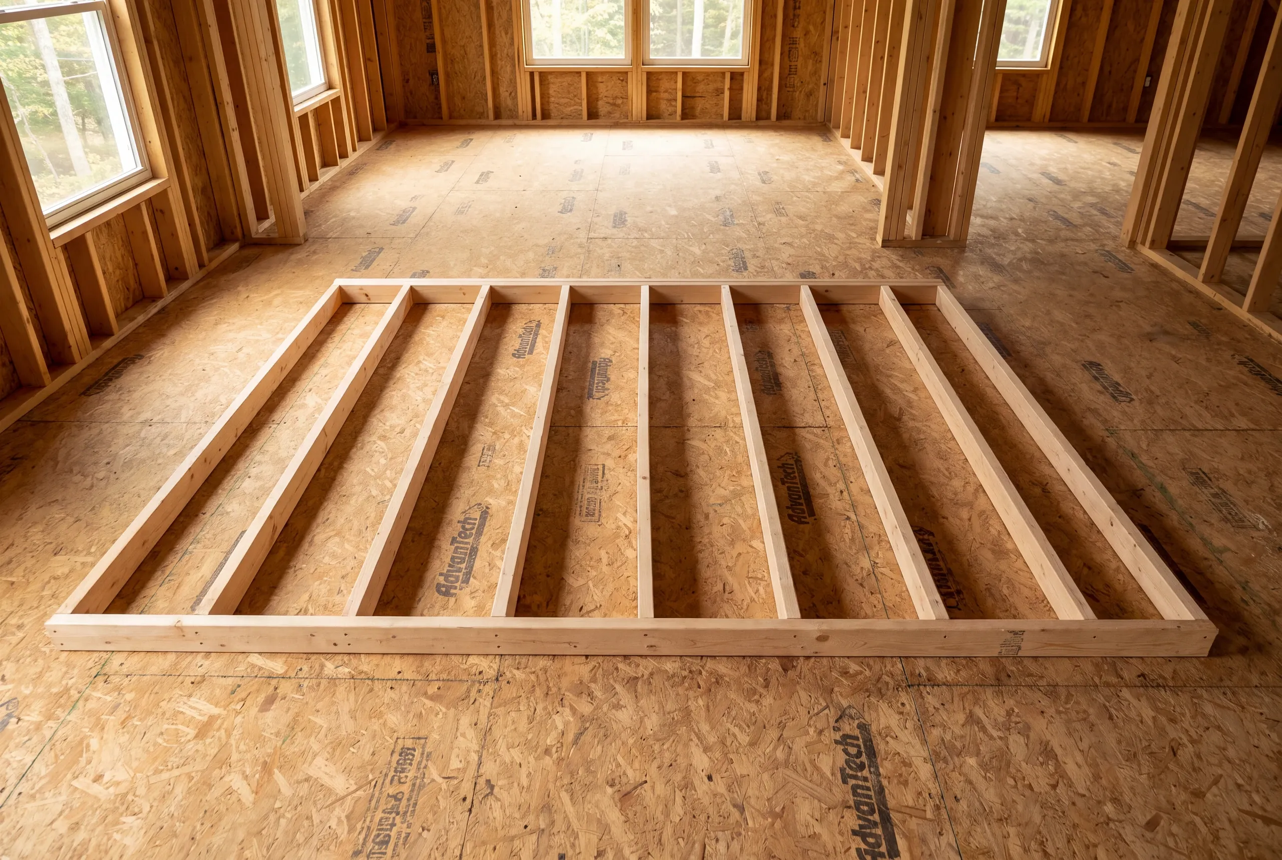 A wooden wall frame lies flat on a subfloor inside a room under construction with framed walls and windows in the background.