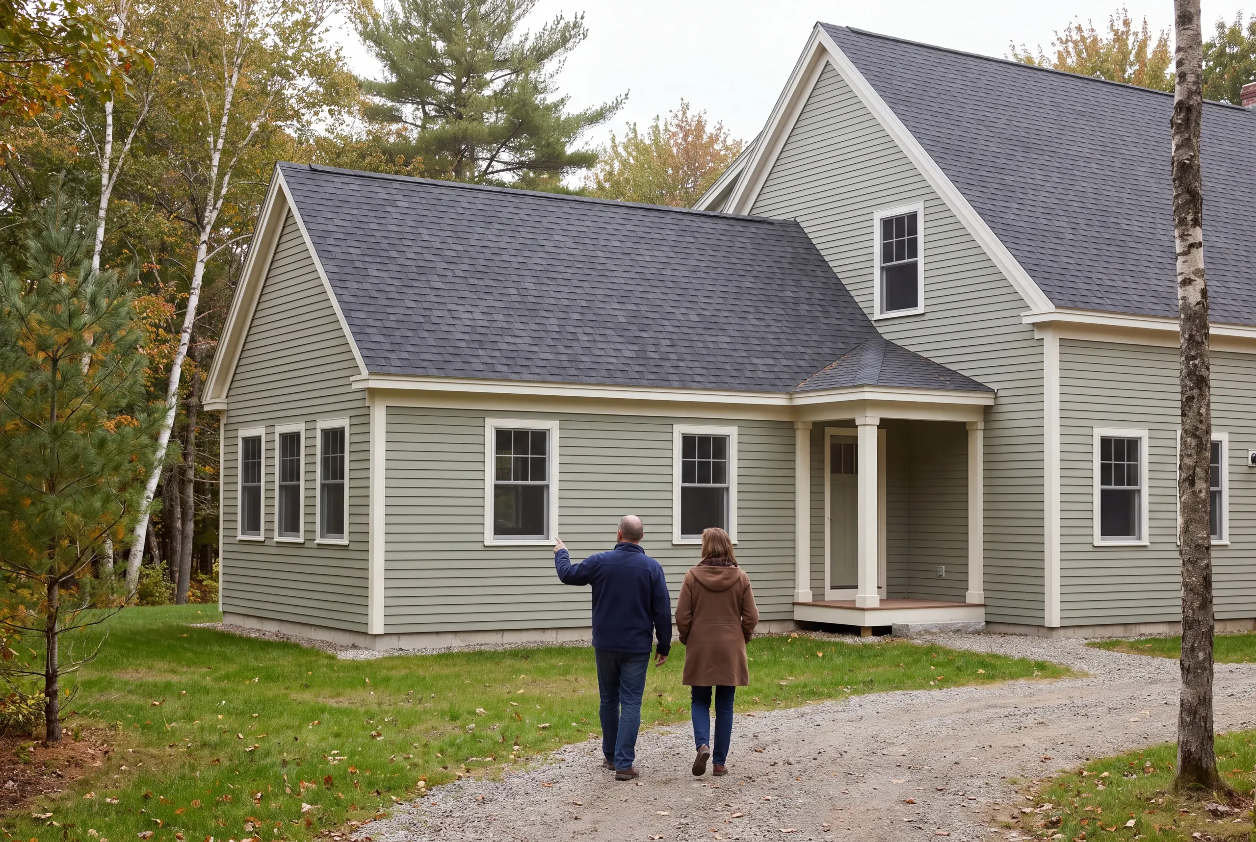 Two adults walking on a gravel driveway, viewing the exterior of a light green sided house with a shingled roof.