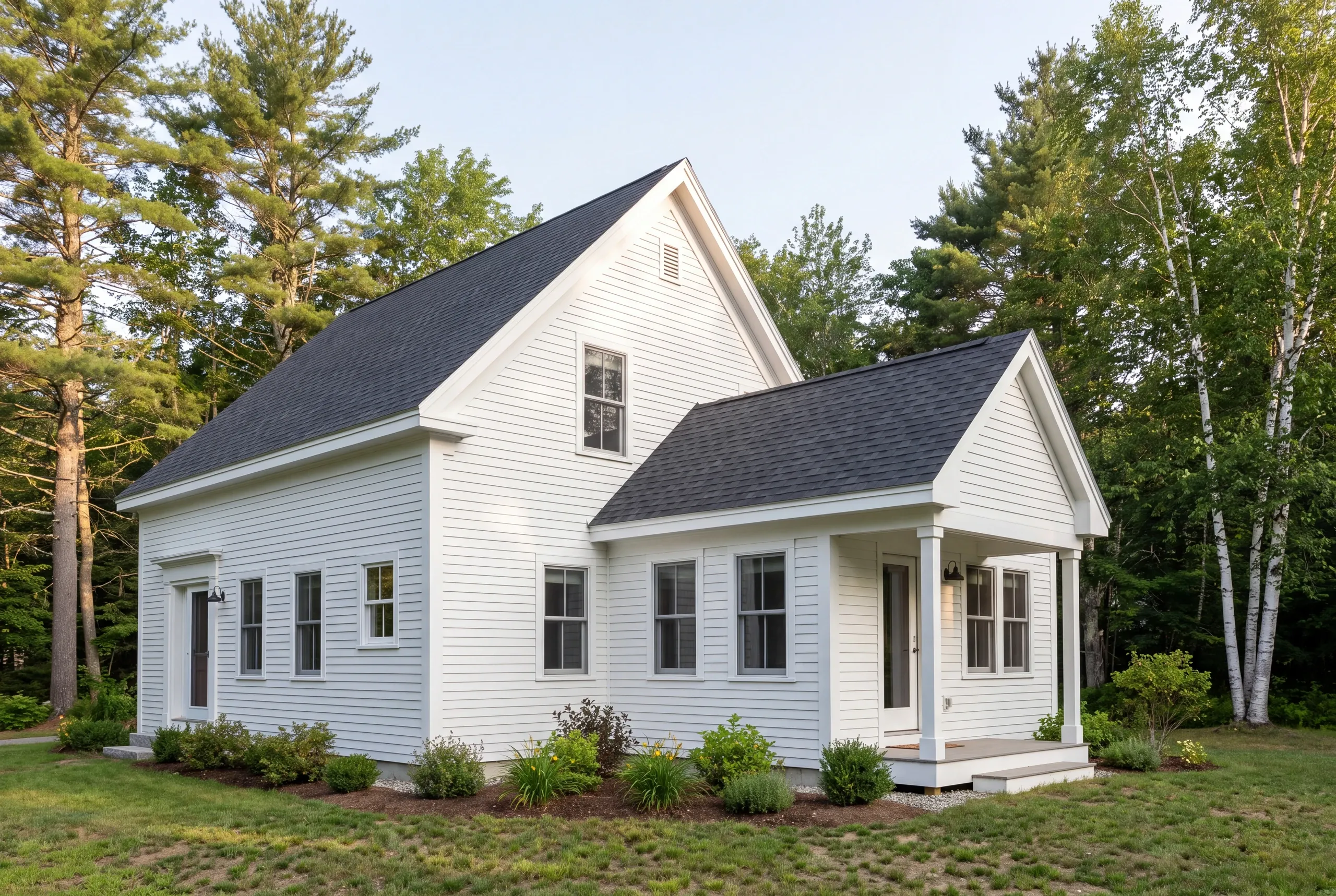Home addition builder: exterior view of a two-story white clapboard house with a single-story addition featuring a shingled roof and covered porch, surrounded by trees and lawn.