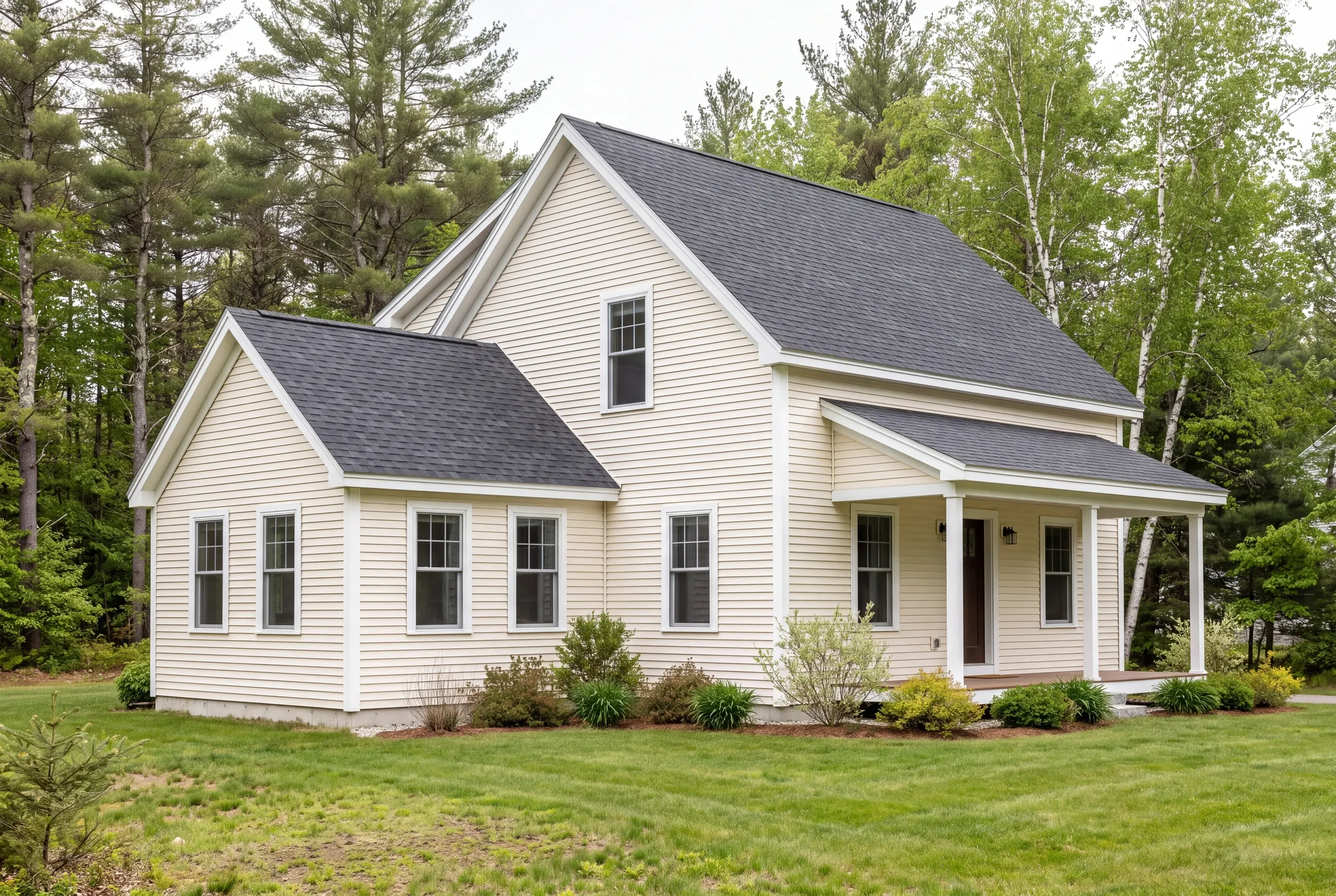 Exterior view of a two-story beige house with light yellow siding, a dark shingled roof, and multiple windows surrounded by green trees and lawn.
