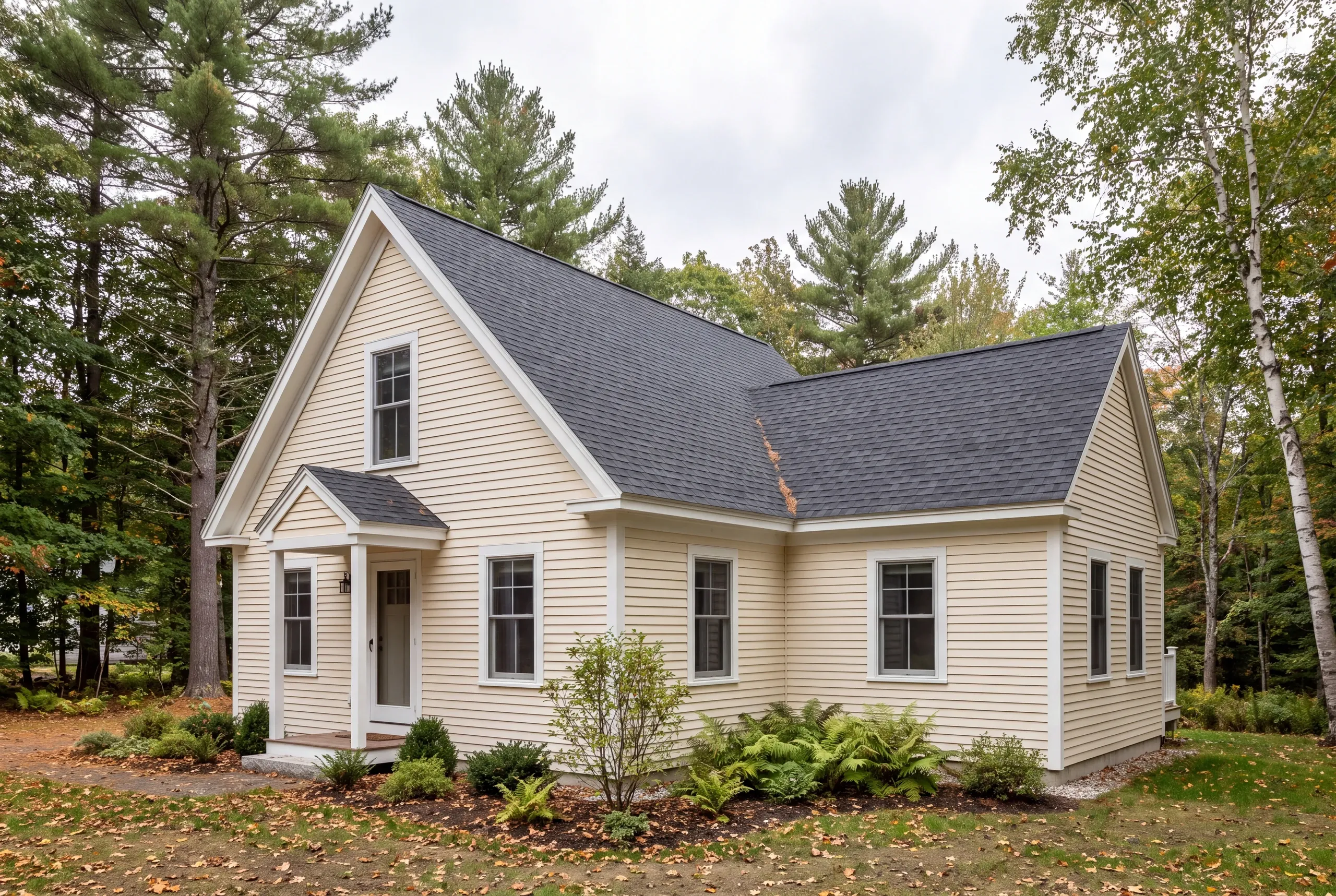 Exterior view of a light yellow two-story house with dark shingle roofing surrounded by trees and autumn leaves.