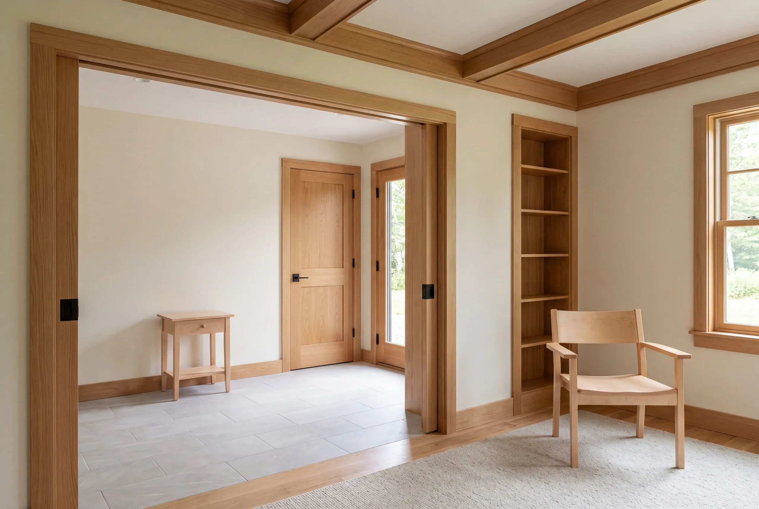 A finished interior view showing a wide wooden doorway connecting a carpeted room with a tiled hallway.