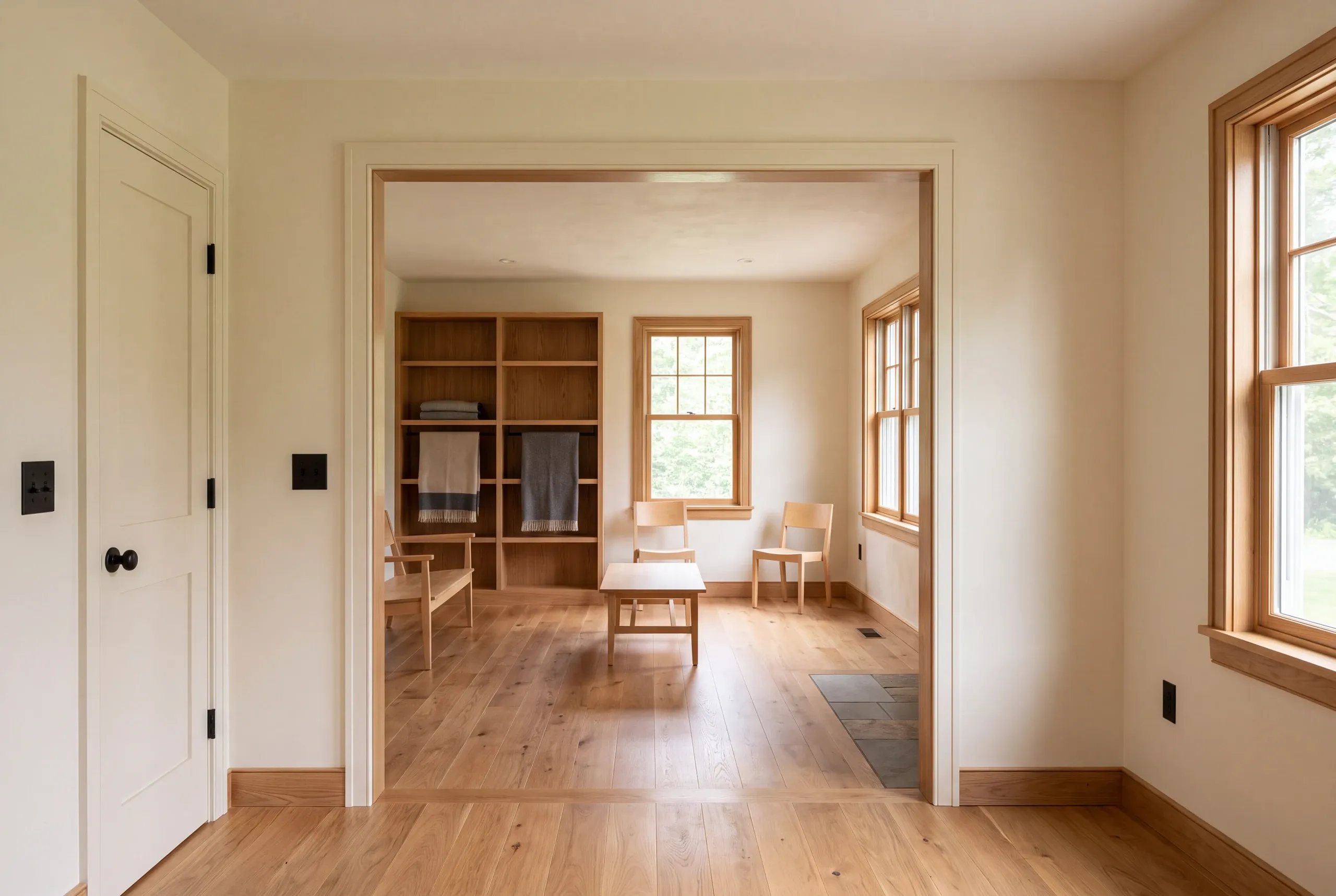 Interior shot showing an open doorway leading from a hardwood-floored room into a finished family room furnished with wooden chairs, shelves, and a small table.