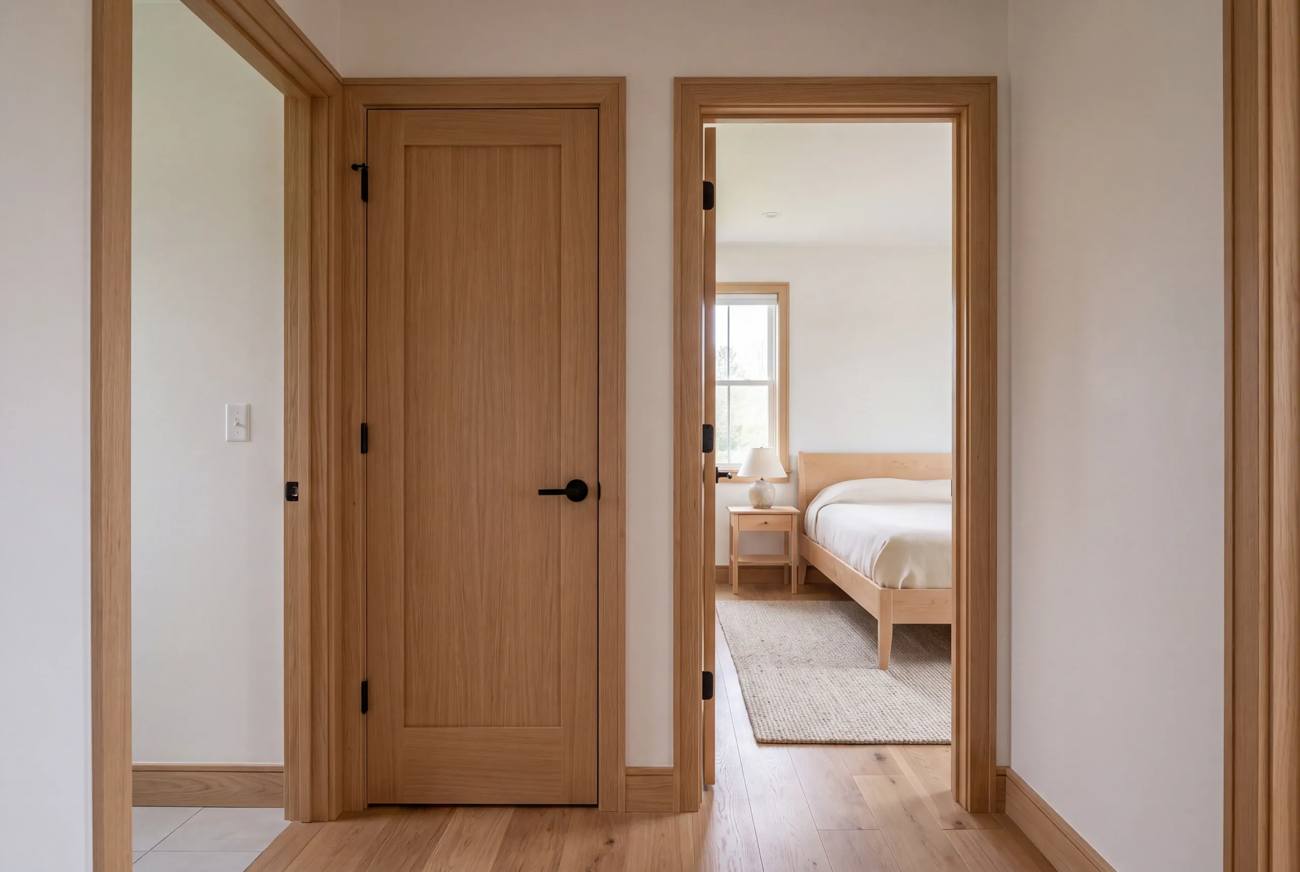A bright hallway with light wood flooring features a closed wooden door and an open doorway leading to a furnished bedroom.