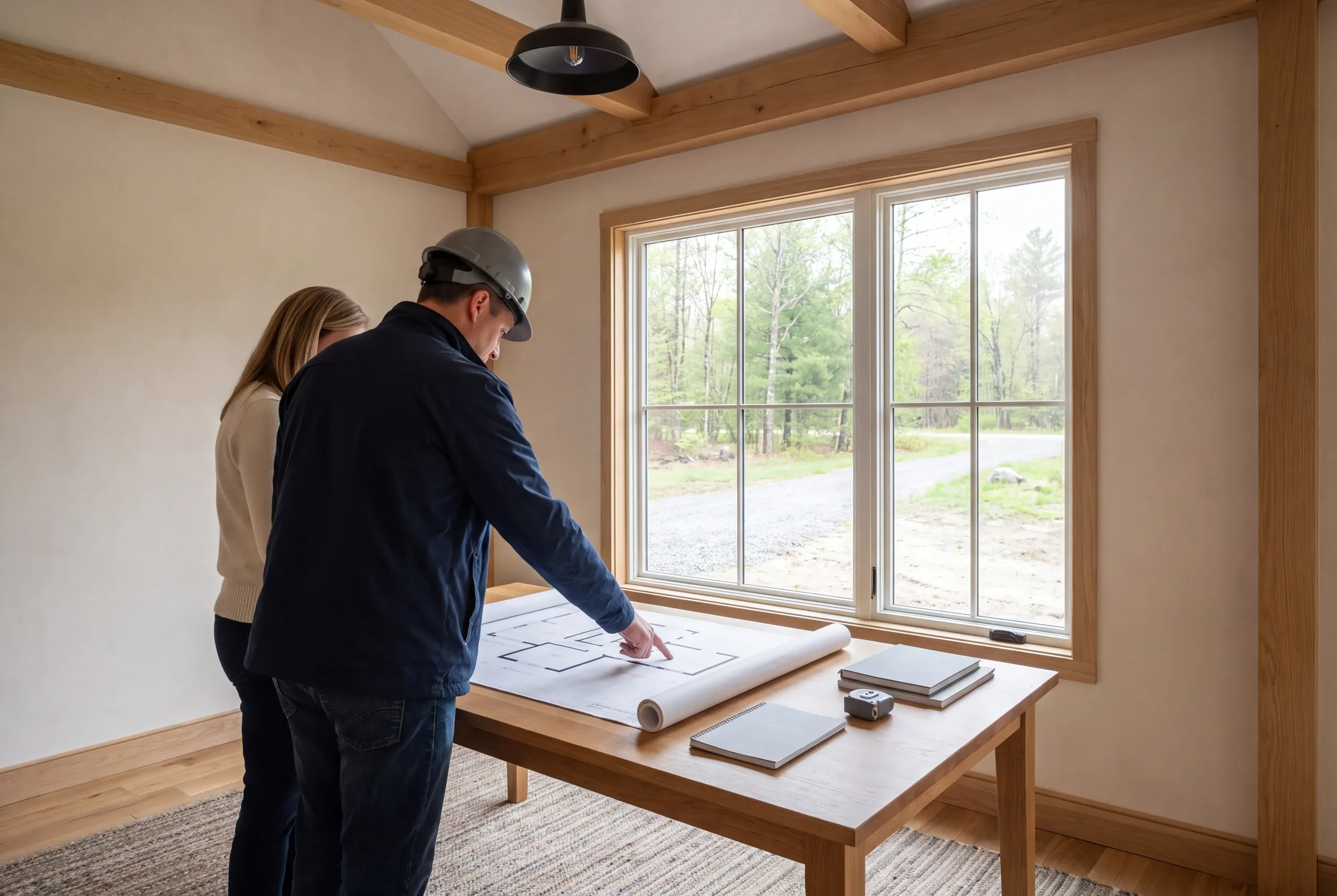 A builder wearing a hard hat and a woman stand behind a wooden table, reviewing a large architectural floor plan together in a light-filled room.