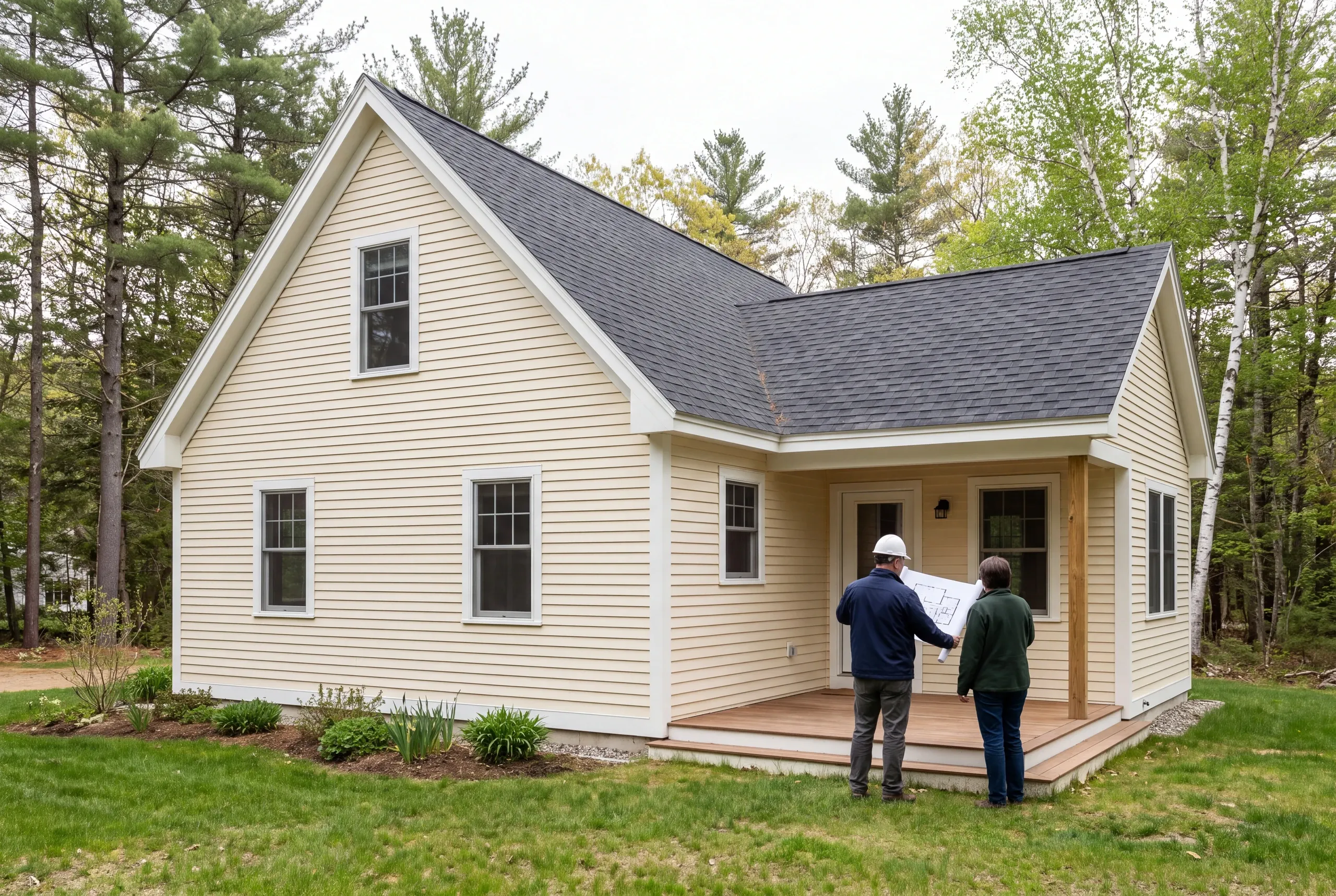 Two adults stand on a wooden porch outside a light-yellow house, viewing an architectural blueprint together.