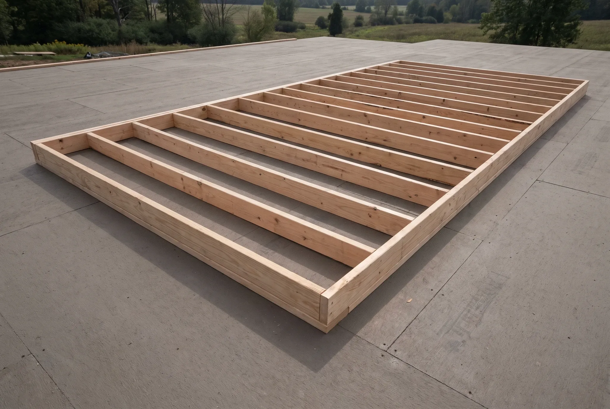 A wooden rectangular wall framing assembly lies flat on a gray subfloor surface with green trees and fields in the background.