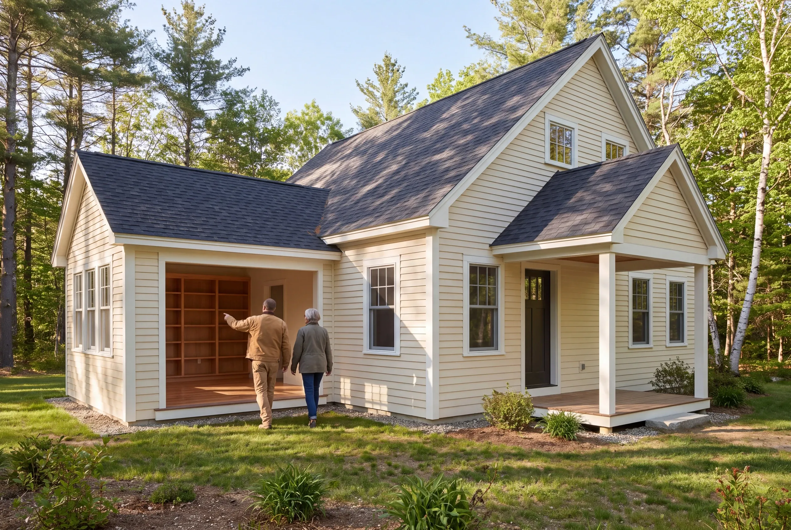 Two people walk toward a yellow house with a porch and an open-sided room containing wooden bookshelves.