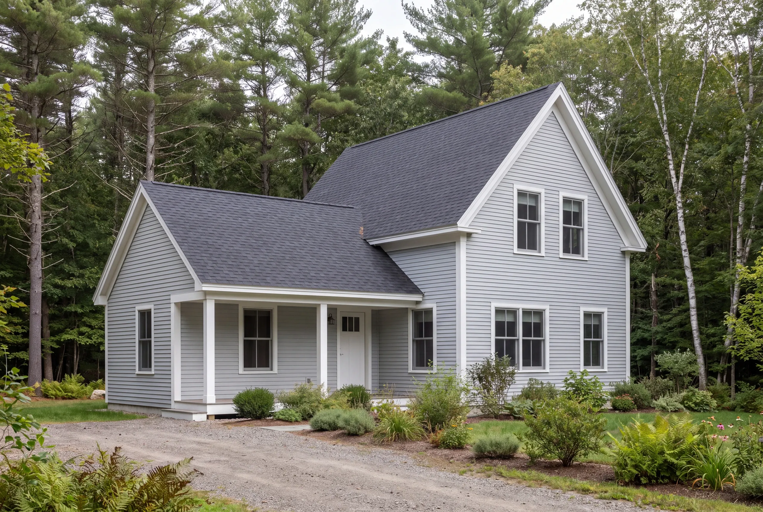 A two-story light gray house with a darker roof is surrounded by trees and a gravel driveway.