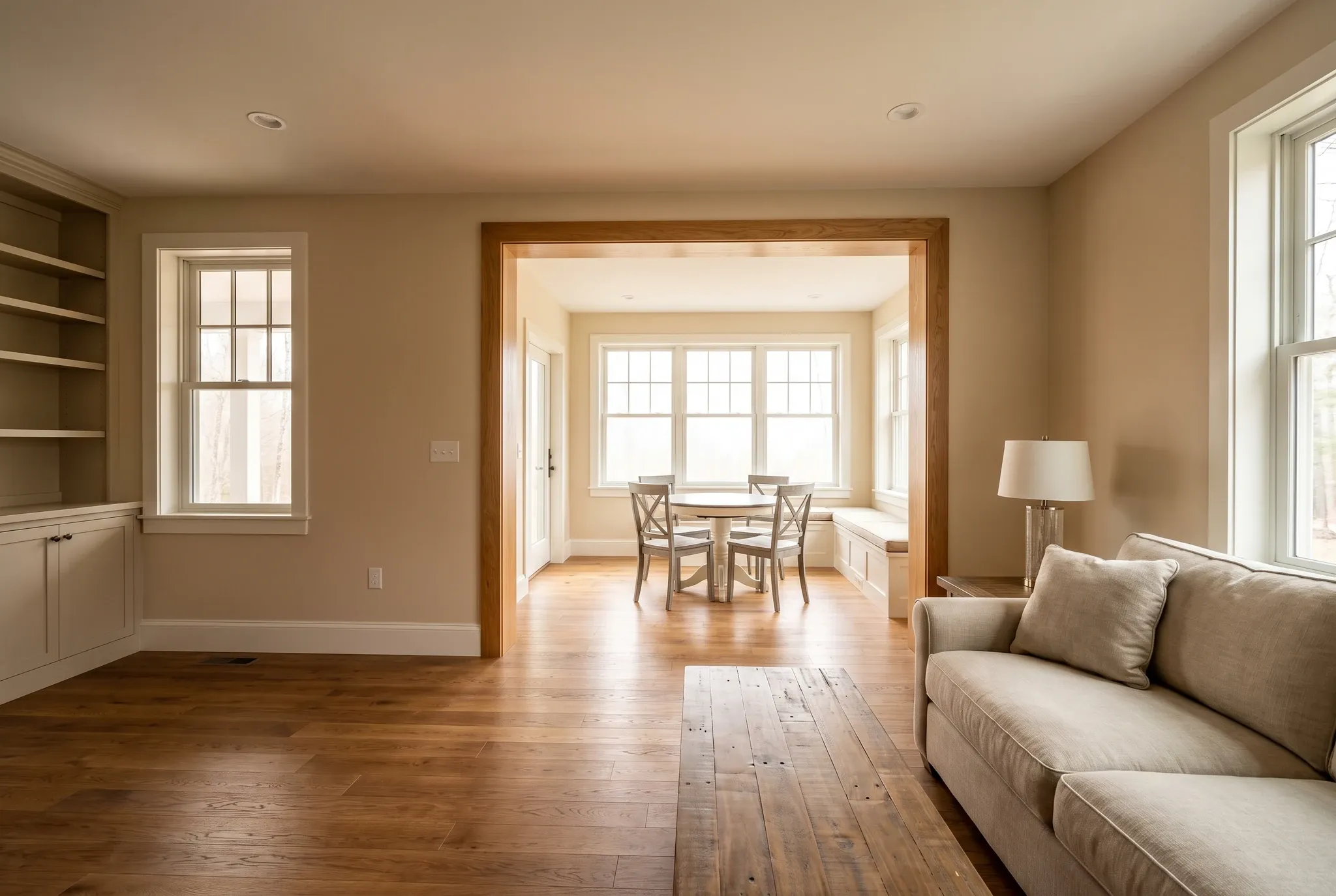 Interior view showing a hardwood floor transition through a wooden-trimmed opening into a sunlit dining area with a table, chairs, and built-in bench seating.