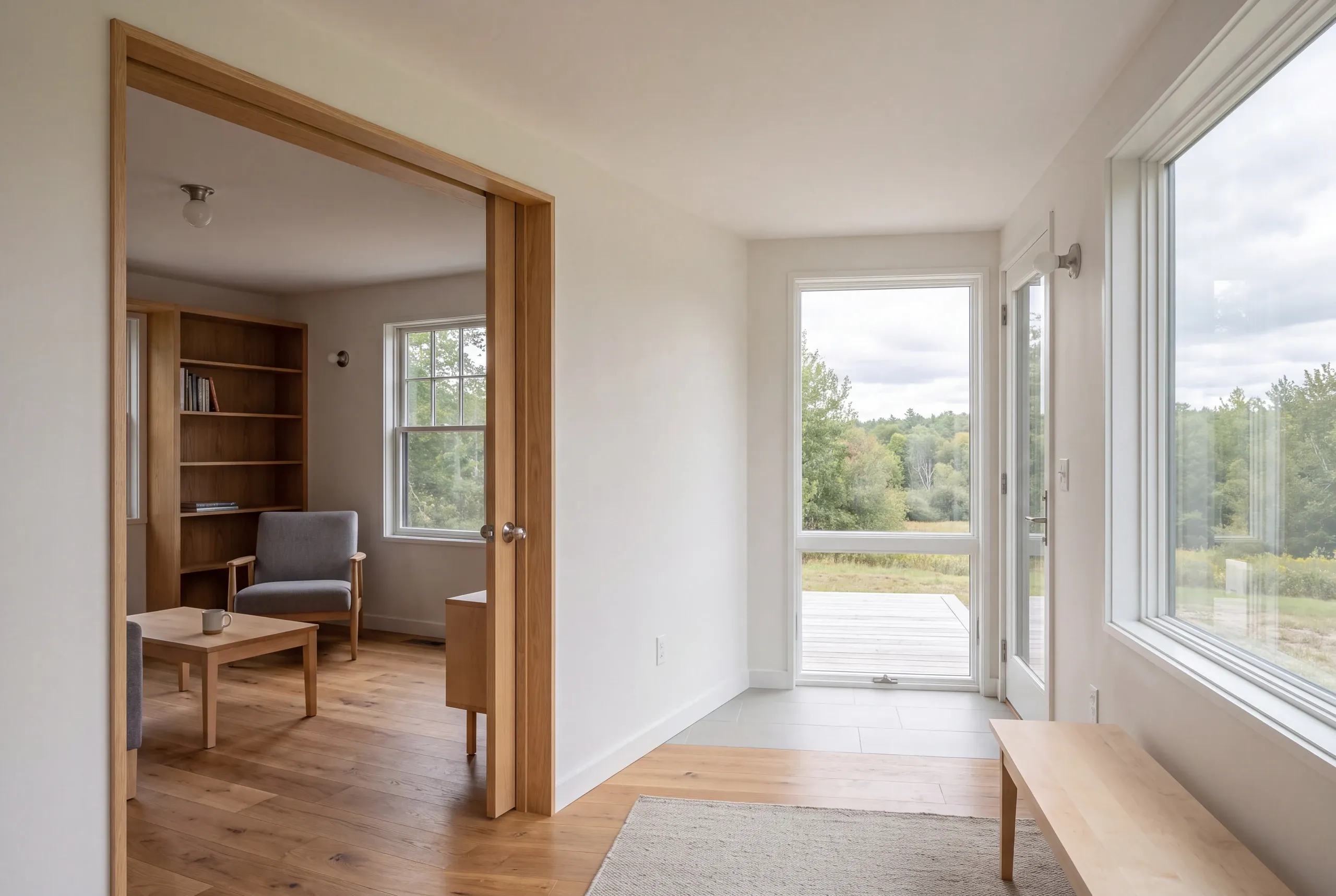 Interior view showing a finished wooden doorway connecting two bright rooms with large windows and hardwood floors.