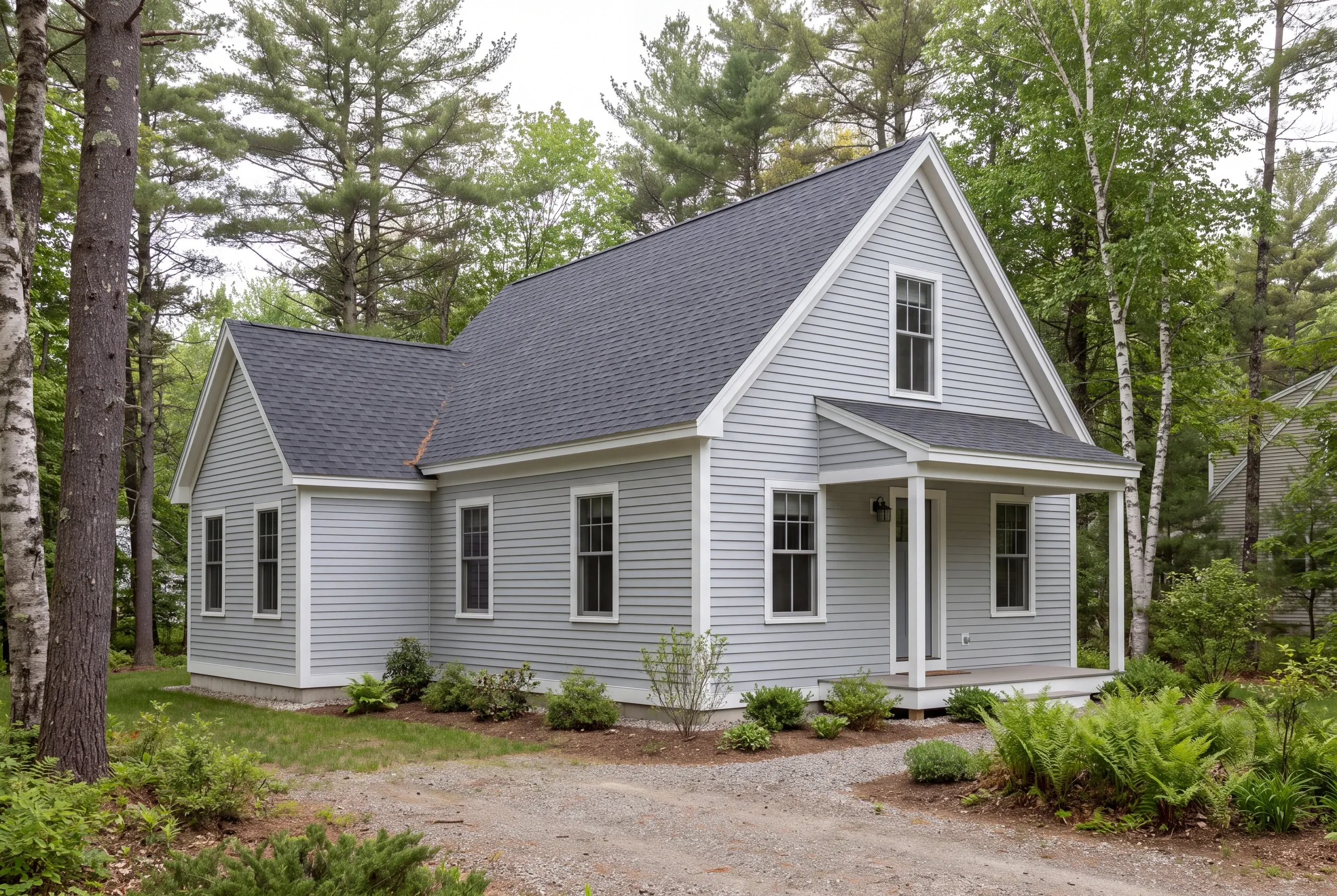 Exterior view of a gray two-story house with a shingled roof, surrounded by trees and greenery.