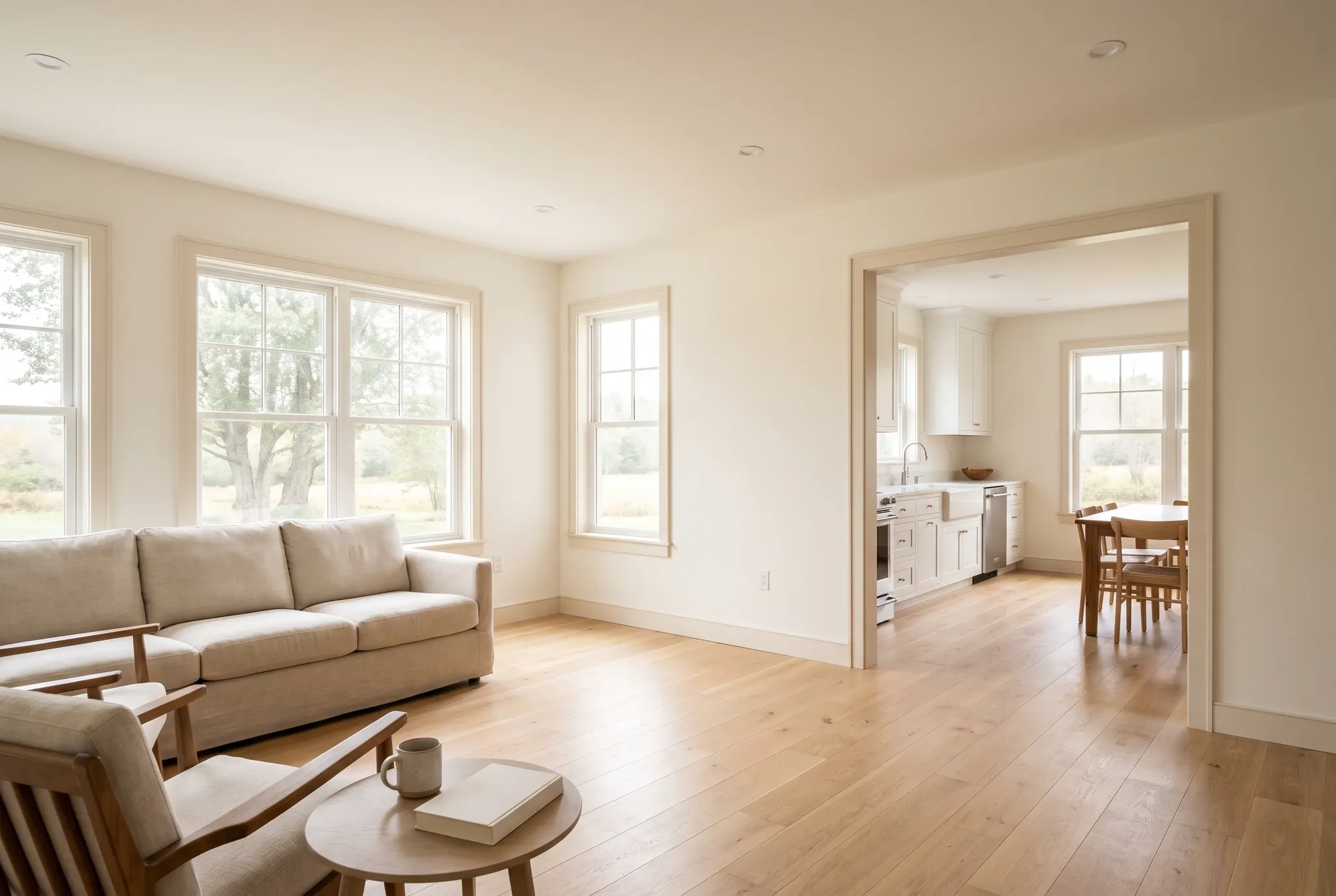 A bright finished living room with a beige sofa, two armchairs, a small coffee table, and an open doorway leading to a kitchen and dining area.