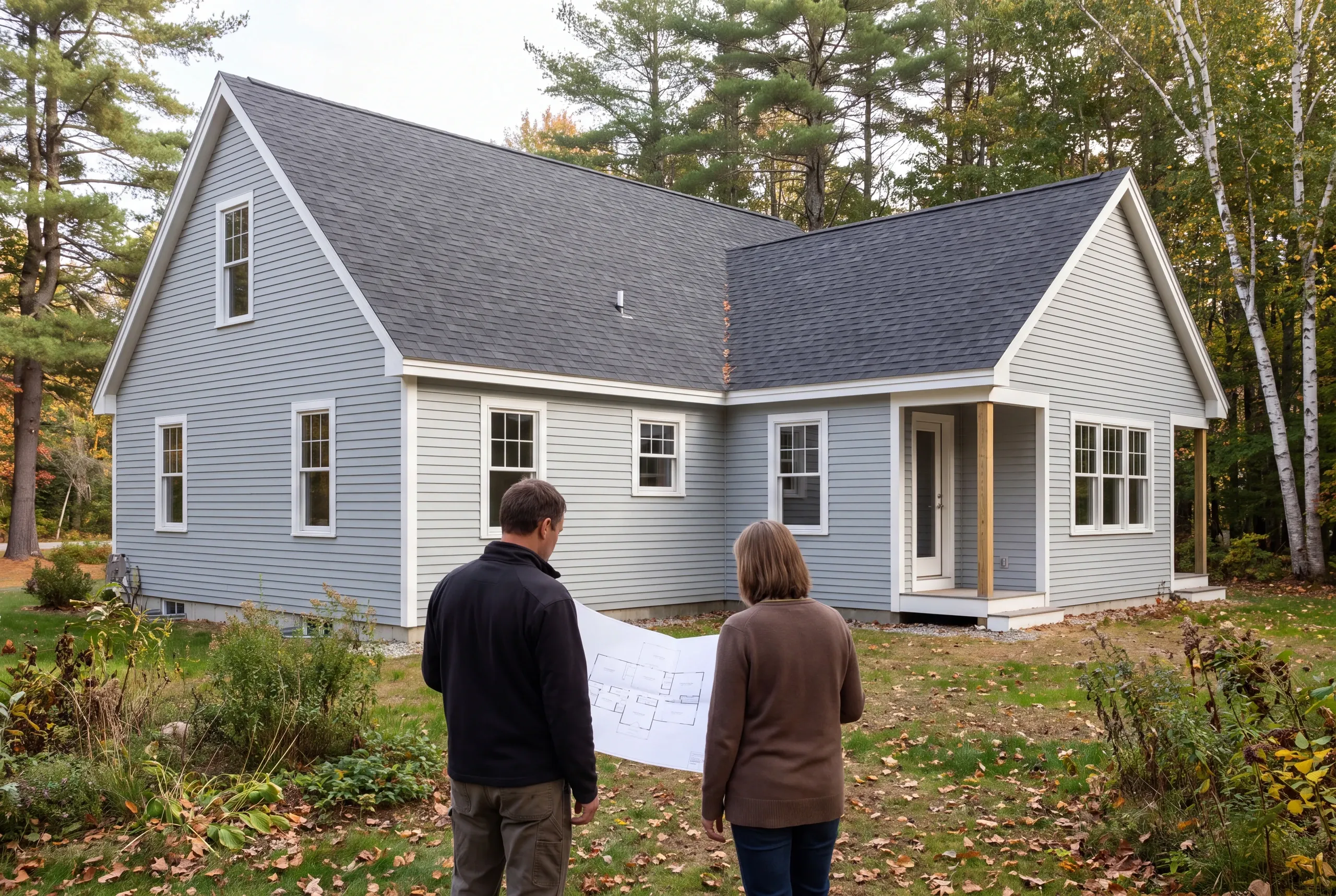 Two adults stand outside facing a grey-sided house while holding an architectural drawing together.