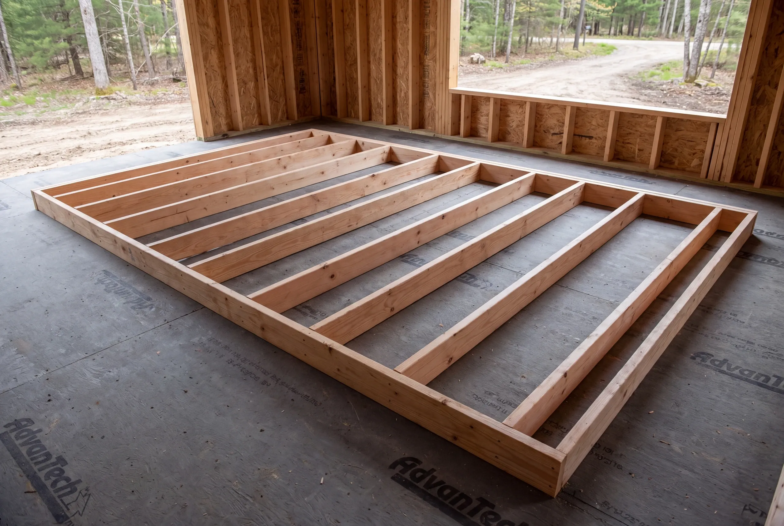 A rectangular wood wall framing assembly lies flat on a subfloor inside a partially constructed room.