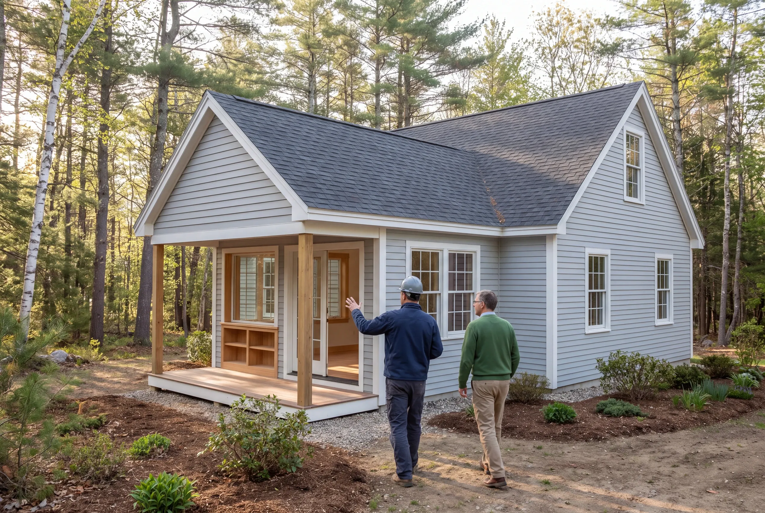 Two men stand outdoors facing a gray sided house with a small covered porch in a wooded setting.