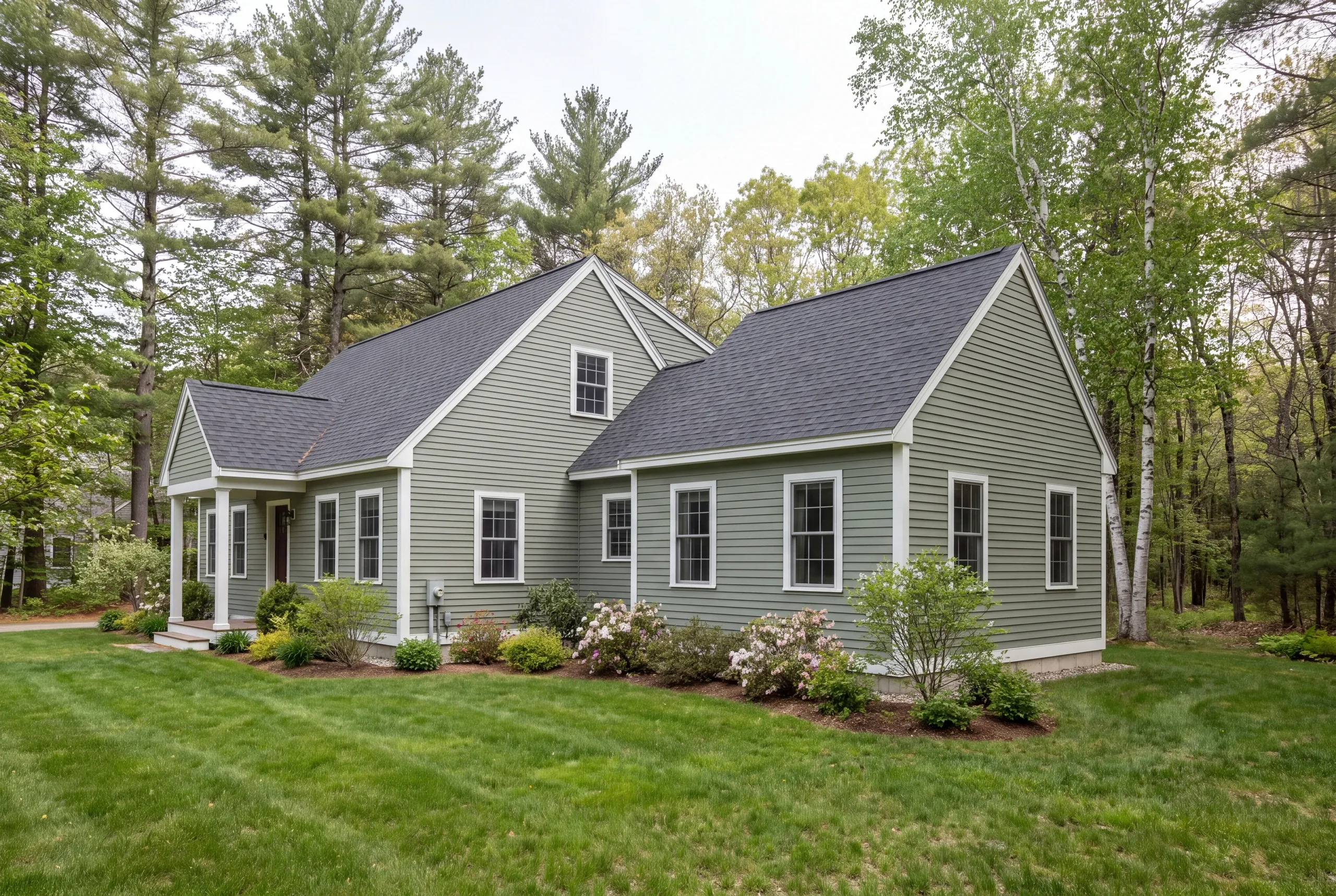 Exterior view of a completed green two-story house with dark shingle roof, white trim, and landscaped lawn surrounded by trees.