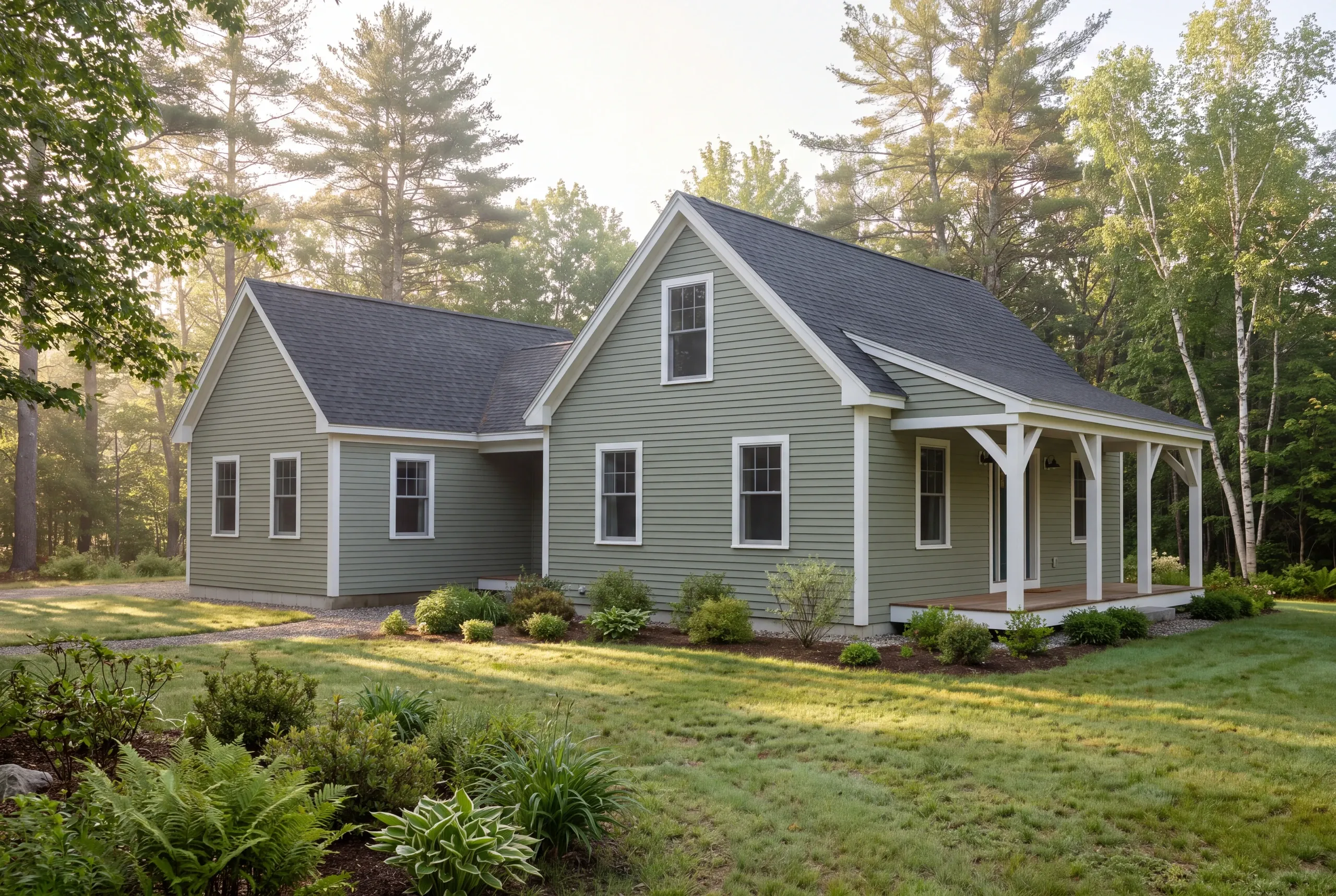 Exterior view of a green-sided house with a covered front porch and adjacent wing surrounded by trees and a lawn.