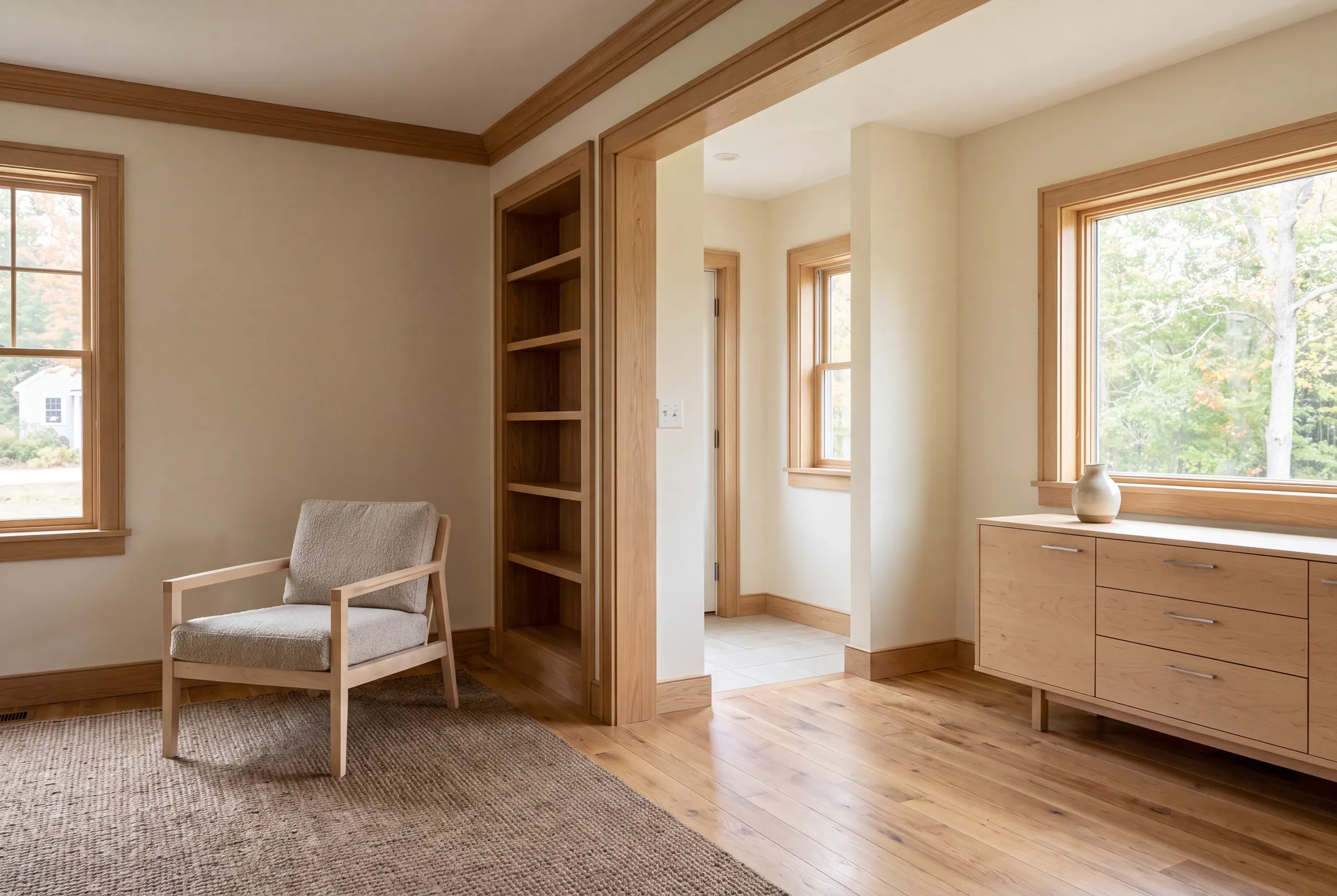 A bright living space features hardwood floors, light walls with wooden trim, and an open doorway leading to an adjacent room.