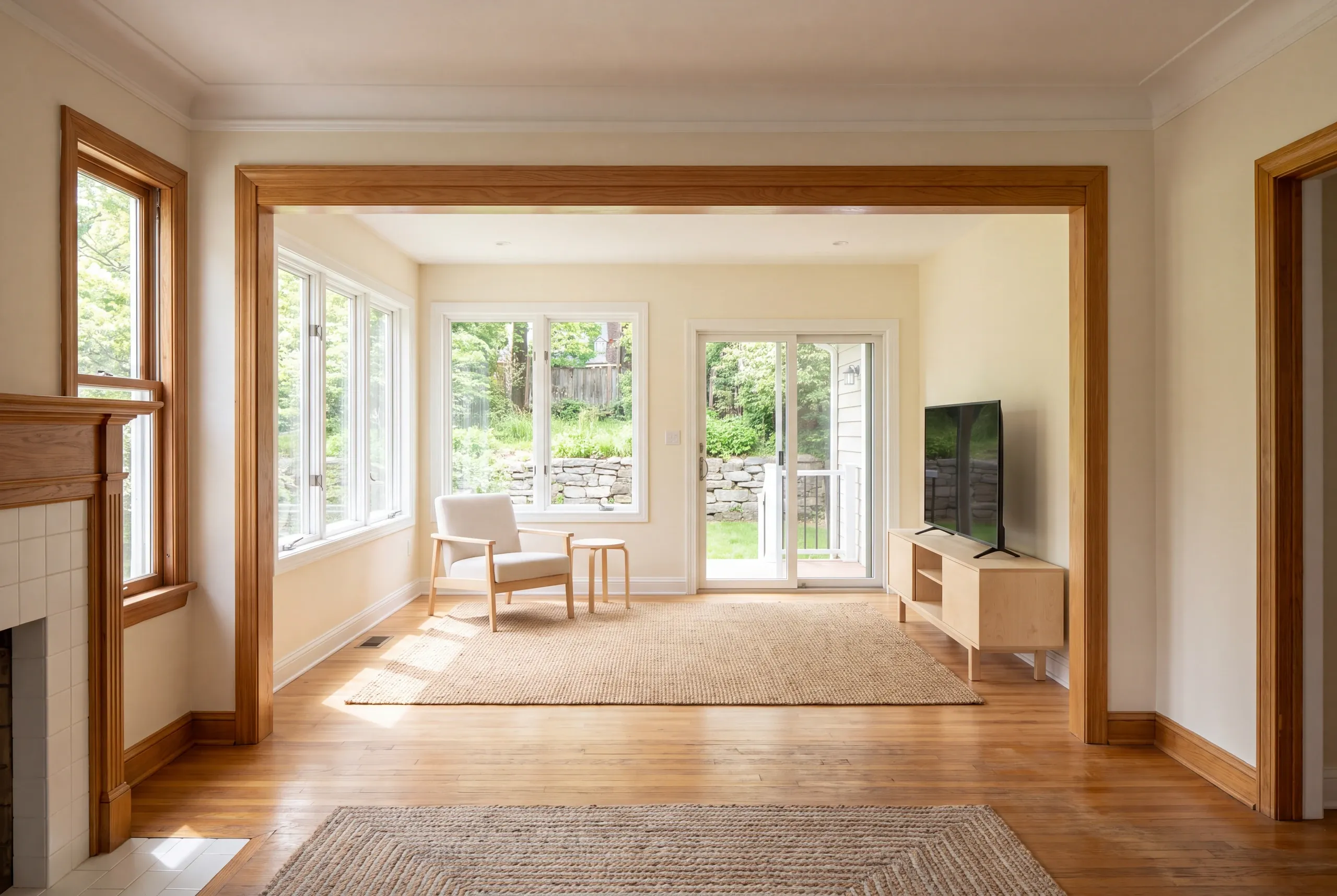 A finished family room with hardwood floors, a large entryway from the foreground room, multiple windows, a sliding glass door, a TV console, and a single armchair.