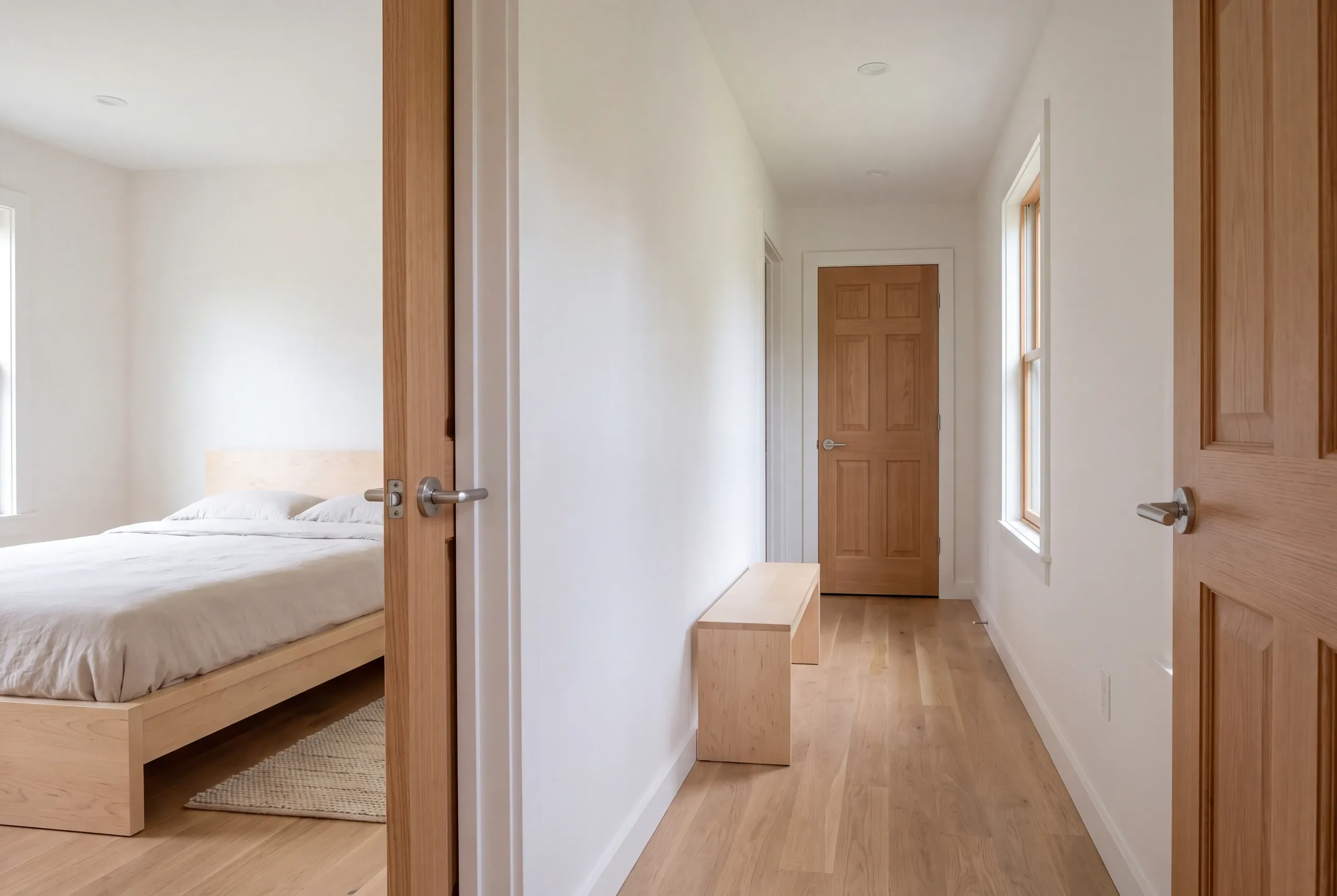 A view down a wooden-floored hallway looking into a bedroom with a made bed, with wooden doors and a small wooden bench.