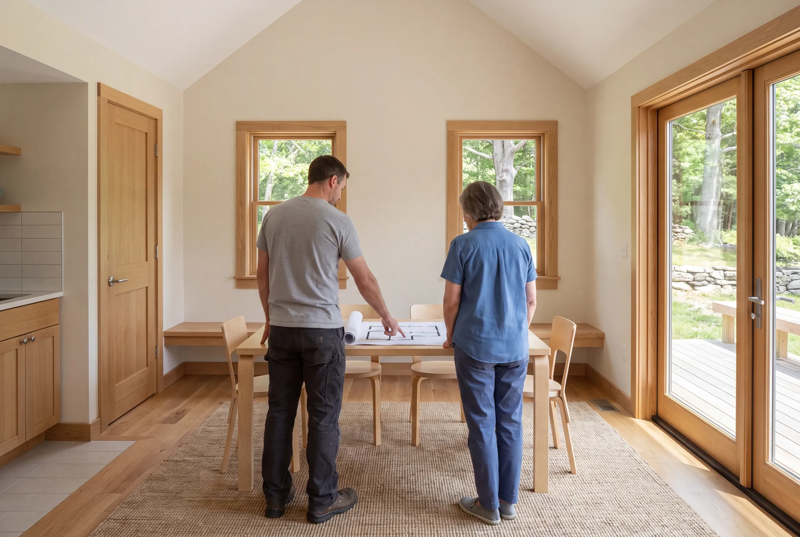 A man and a woman stand behind a wooden table in a bright room, looking down at a floor plan spread across it.
