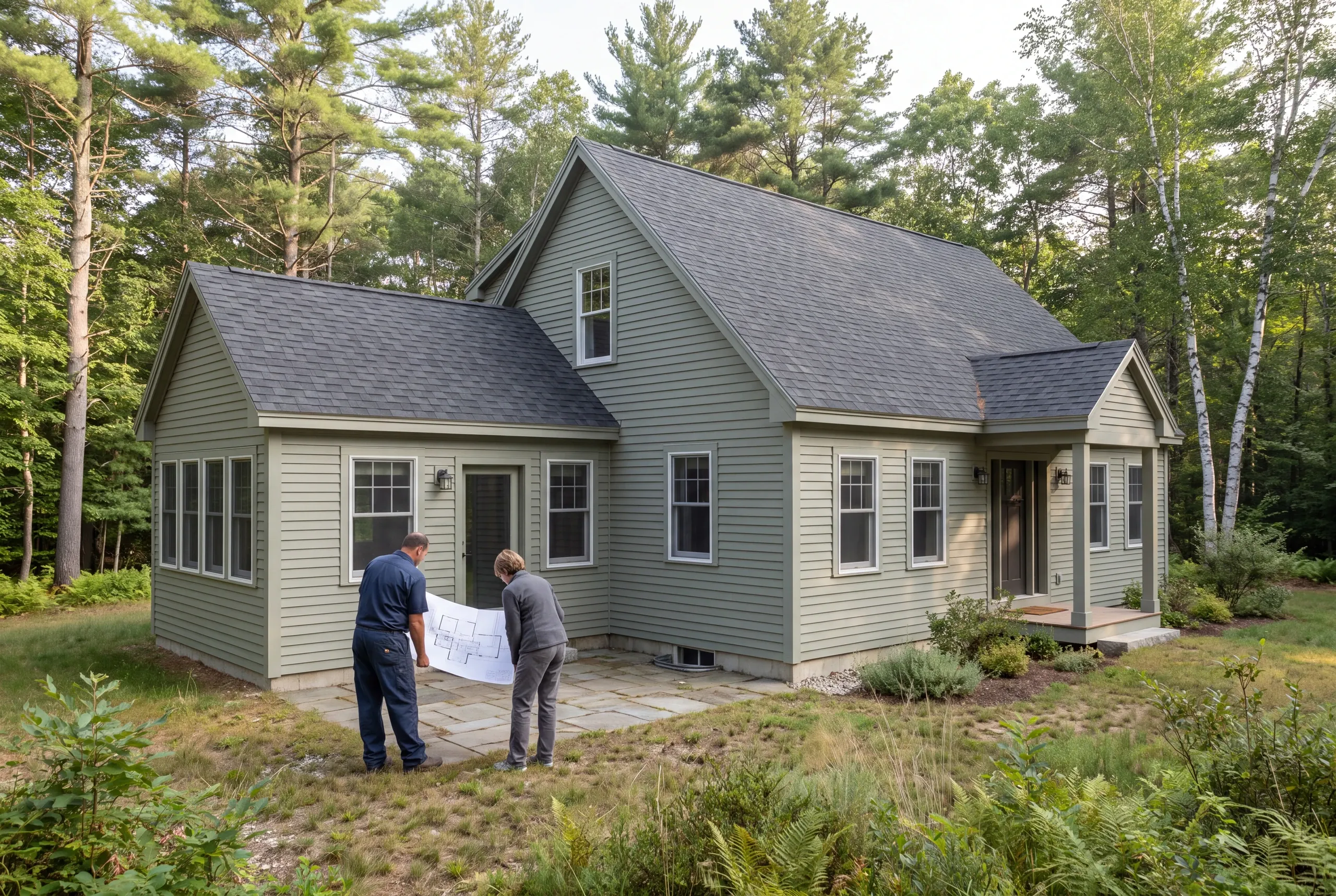 Two adults stand on a stone patio behind a light green house with a dark shingle roof, holding an architectural blueprint together.