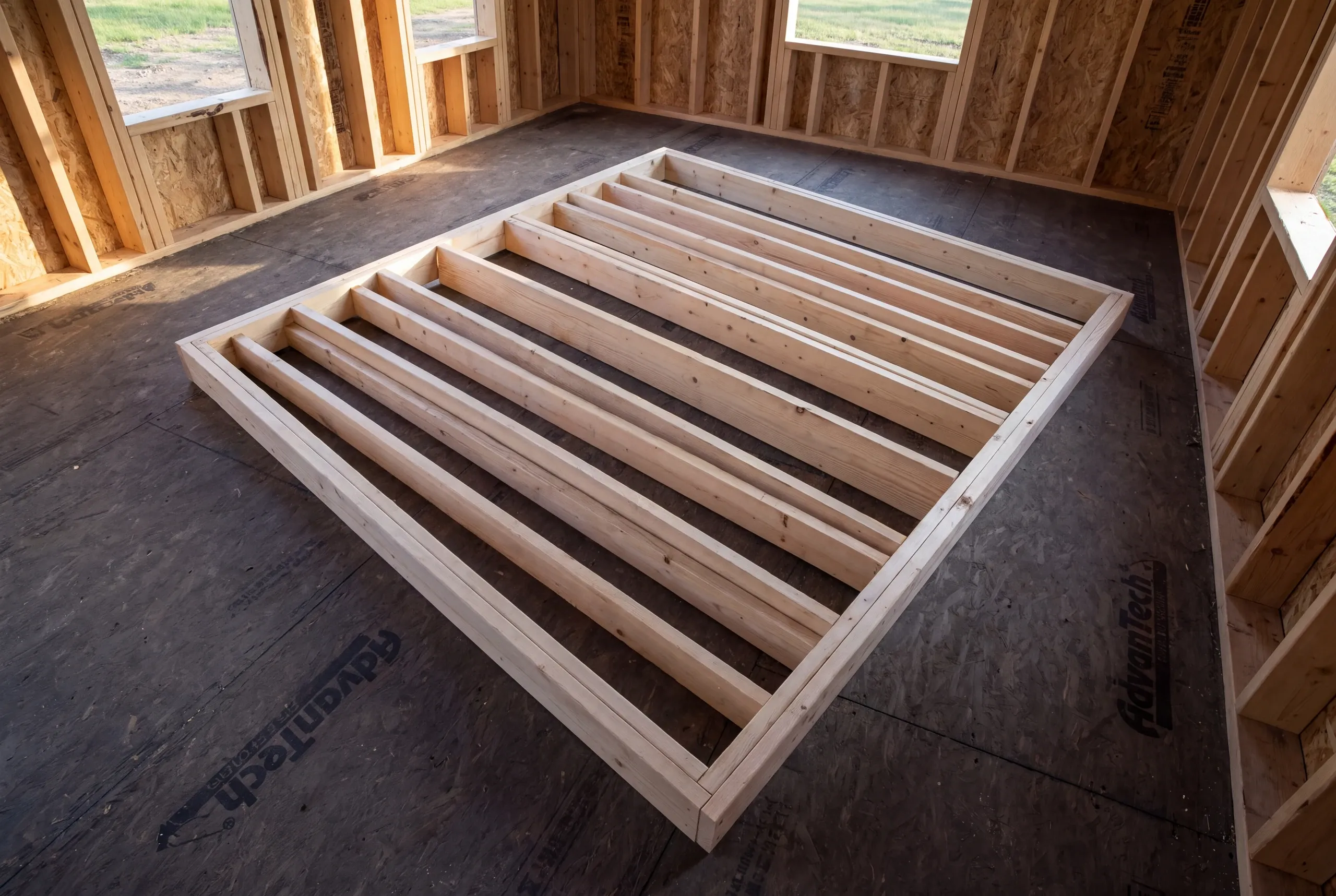 A wooden wall frame lies flat on a dark subfloor inside an unfinished framed room.
