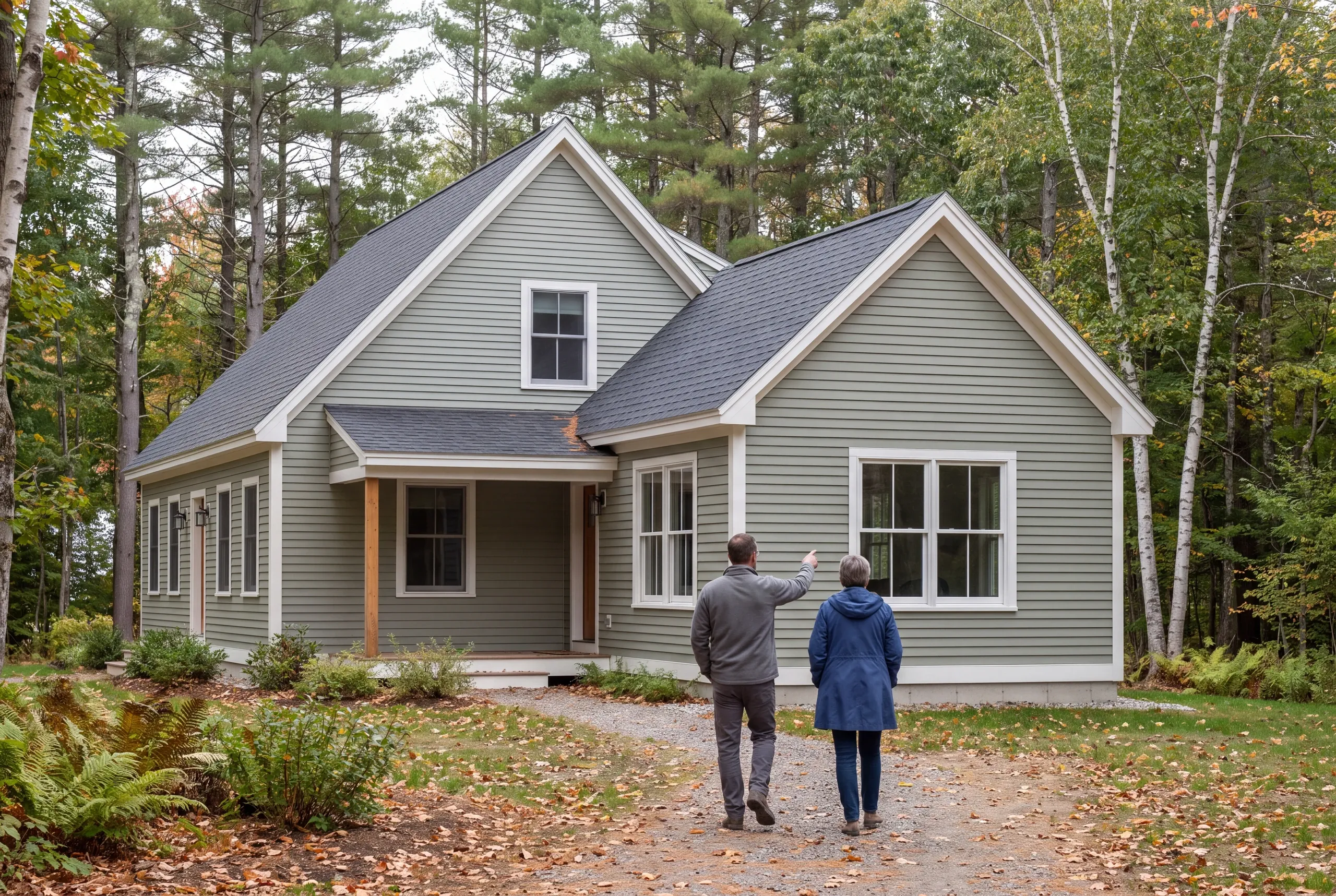 Two adults walk along a gravel path toward a green house with white trim surrounded by trees.