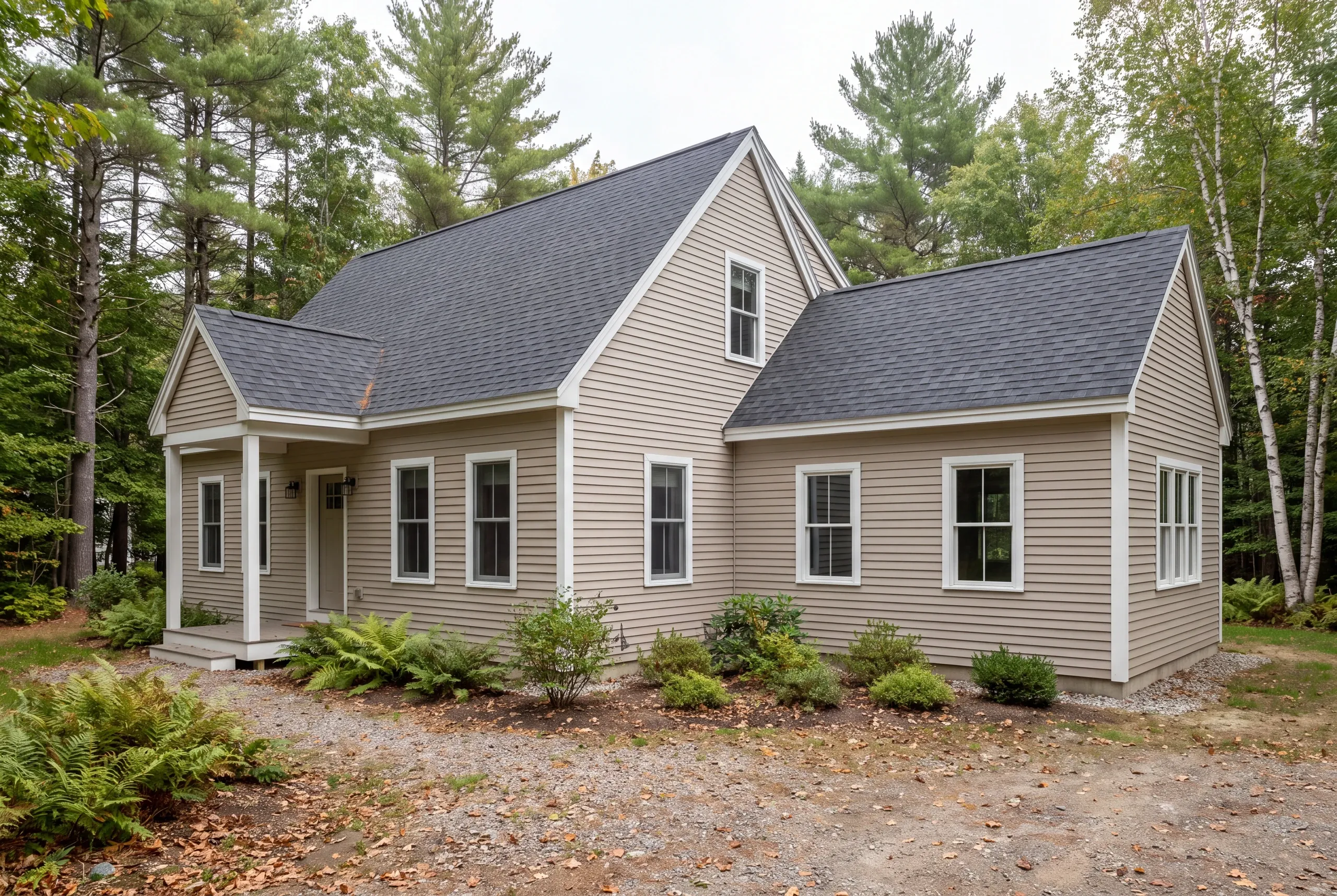 Exterior view of a beige sided two-story house with a dark shingled roof surrounded by trees and foliage.