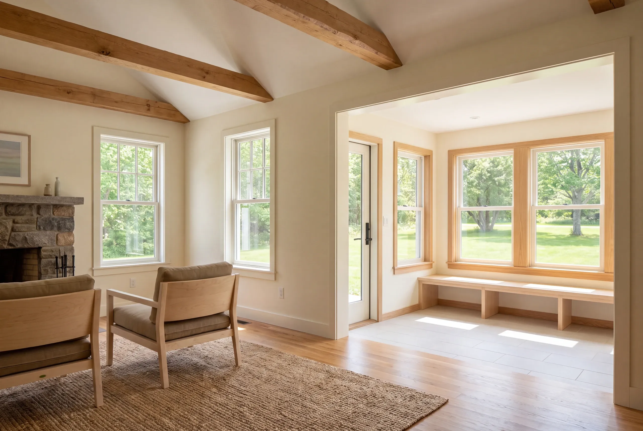 Interior view showing a living room connected through a large opening to a sunroom with large windows and a built-in bench.