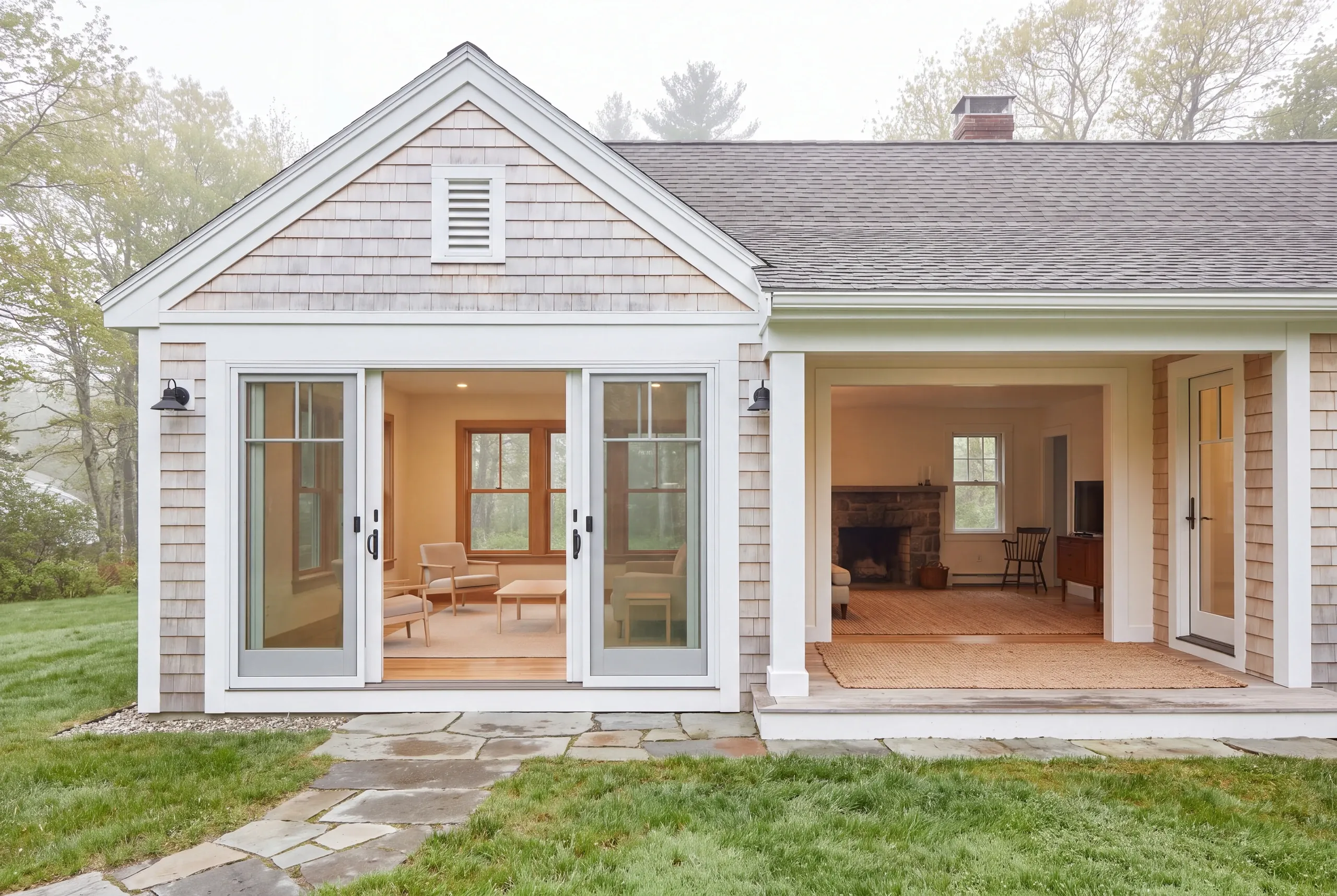Exterior view of a shingled house showing a family room with sliding glass doors and a covered porch leading to an interior living space.