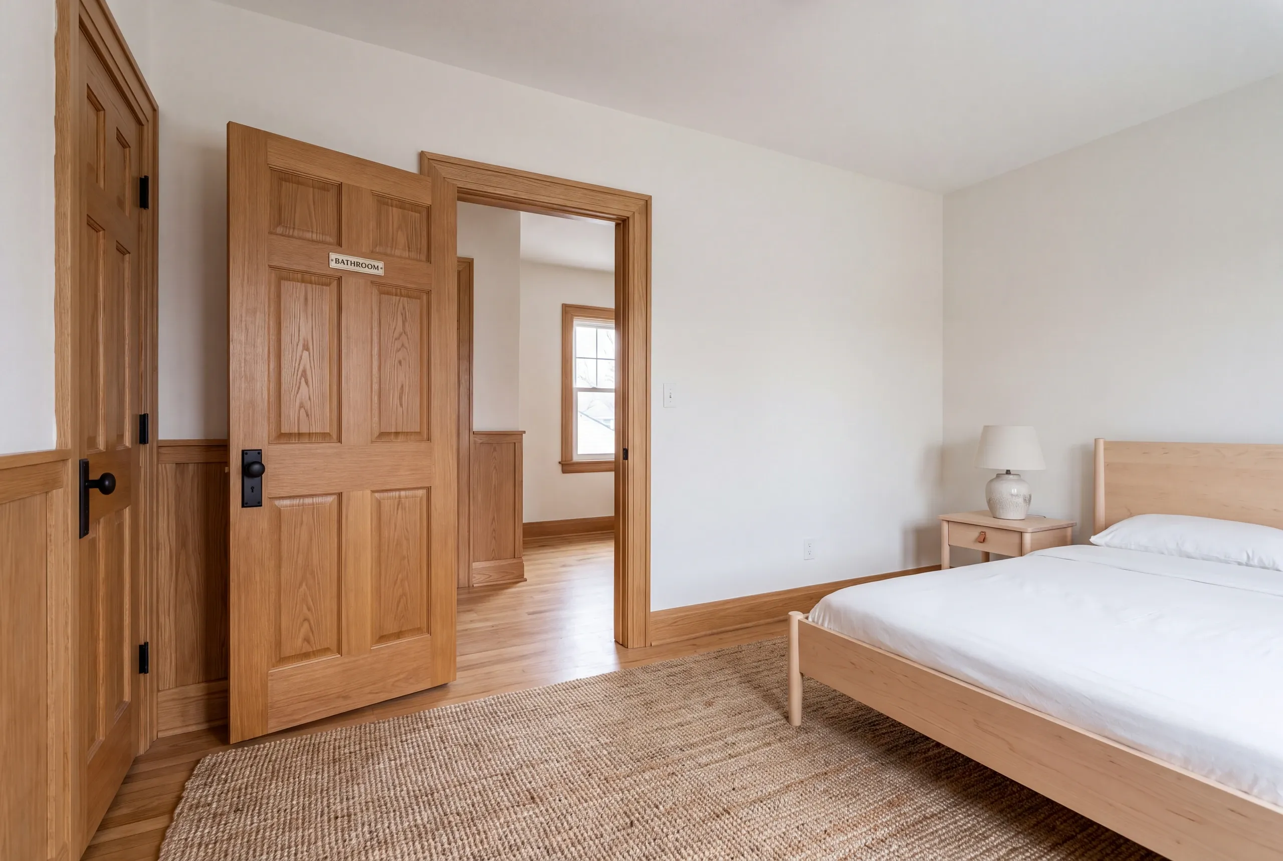 A furnished bedroom with a wooden bed, a nightstand with a lamp, a woven rug, and wooden doors opening to a hallway.