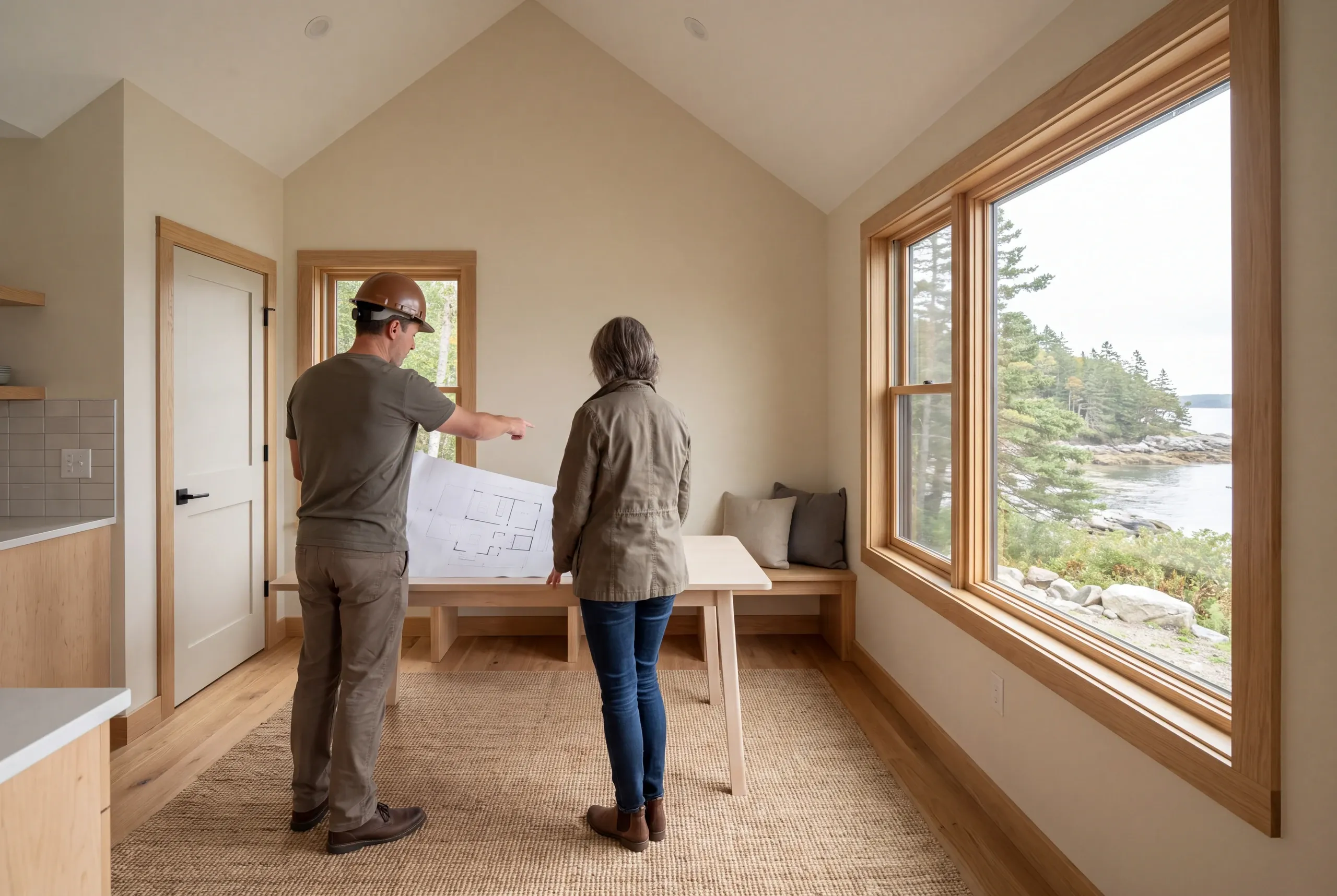 Two adults stand inside a room with wooden trim and large windows, looking at a floor plan on a table.