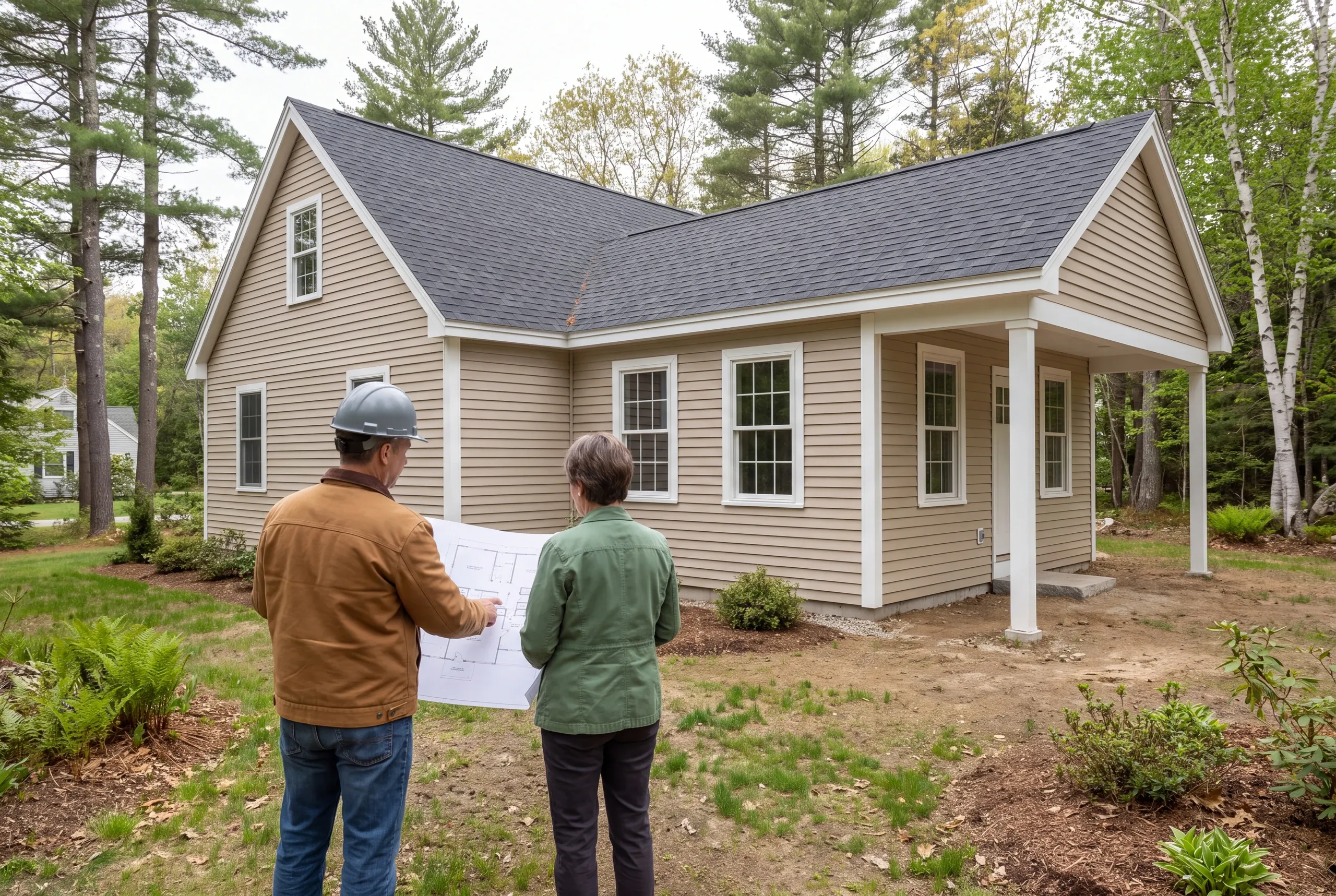 Two adults stand outdoors in front of a newly constructed beige-siding house and examine a large architectural blueprint together.