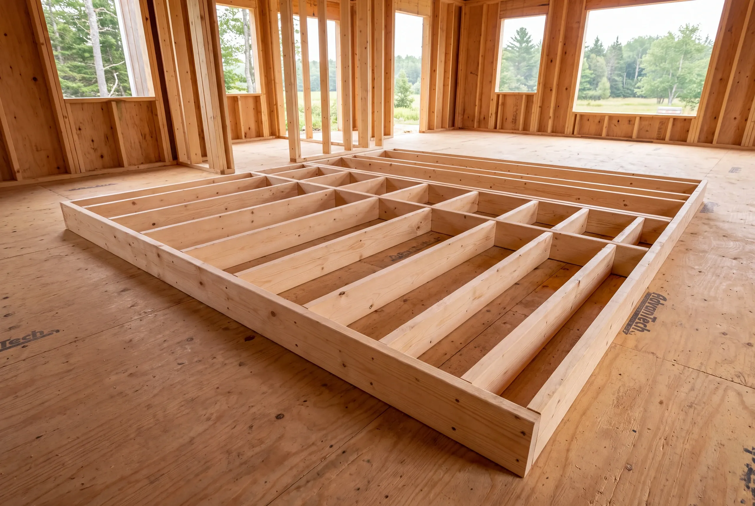A wooden interior wall frame lies flat on a subfloor inside a building under construction.