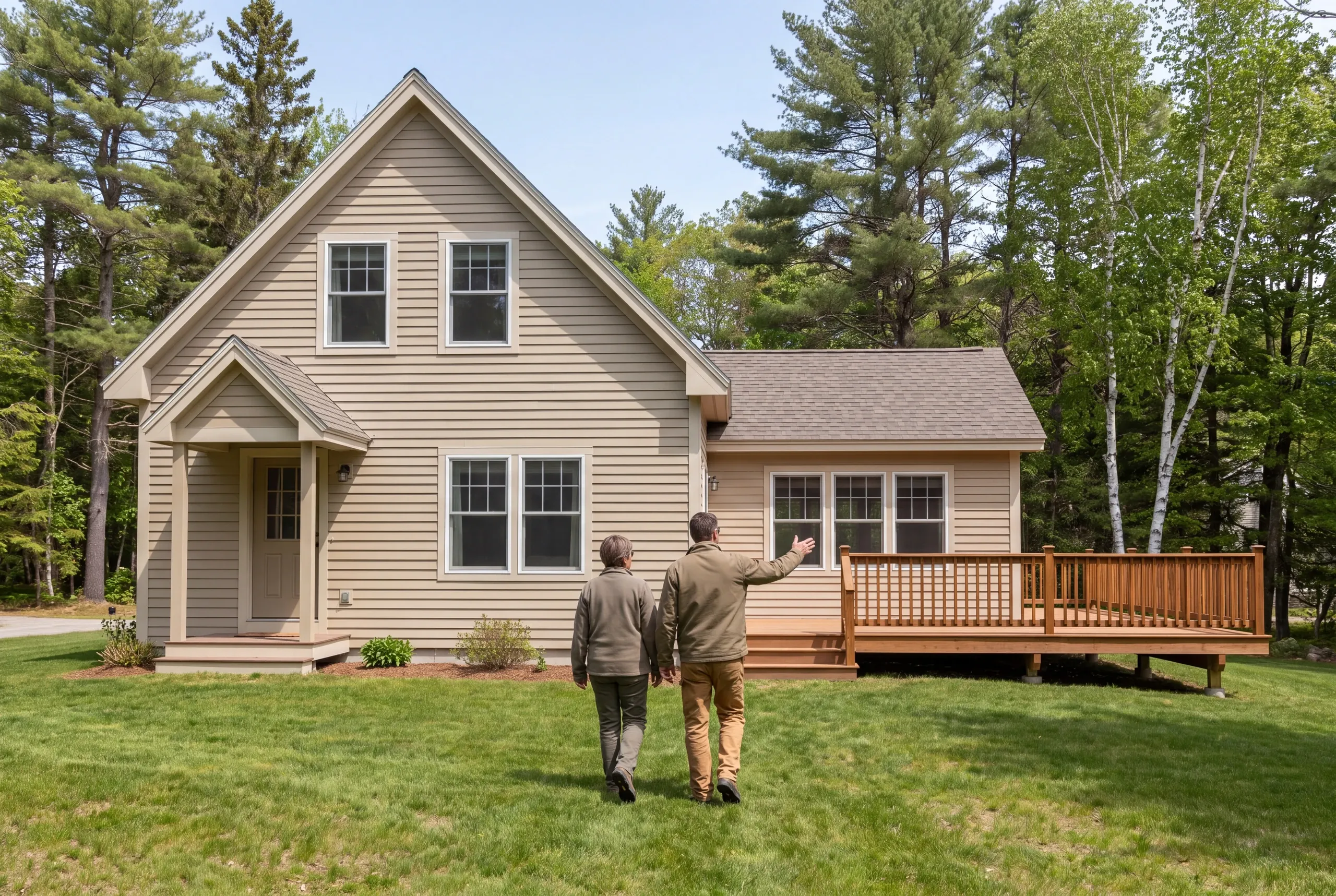 Two adults walk on grass facing a two-story beige house with an attached wooden deck.