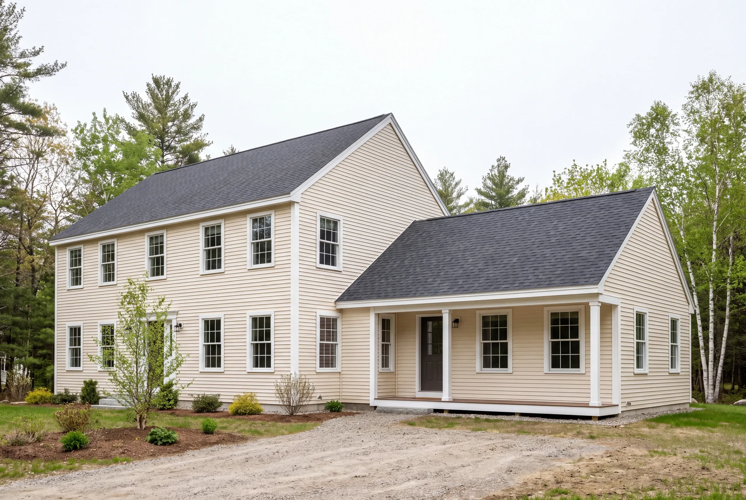 Exterior view of a two-story beige house with a matching single-story addition, dark roof shingles, and surrounding trees.