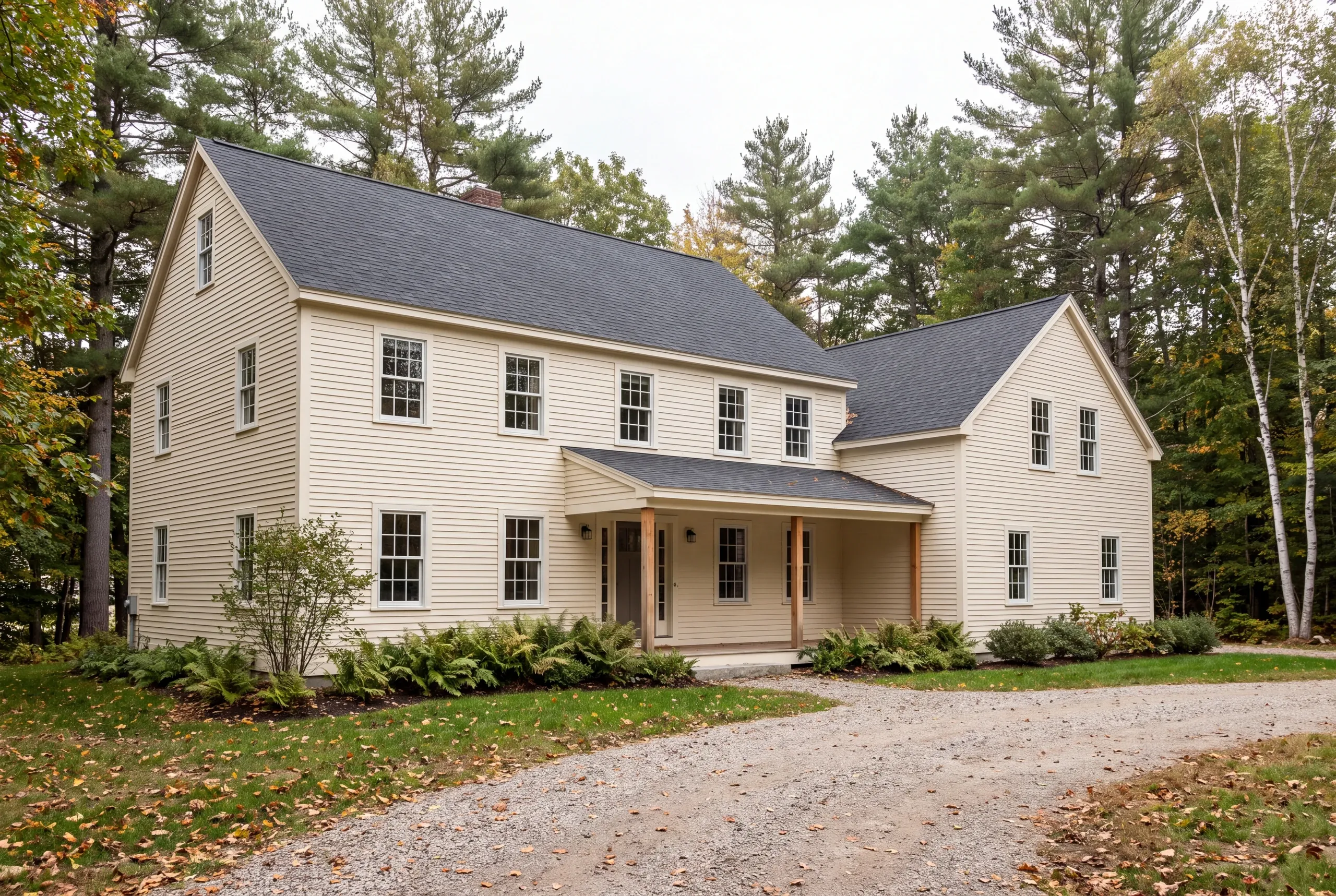 A two-story light yellow sided house with a dark roof and a gravel driveway surrounded by trees.