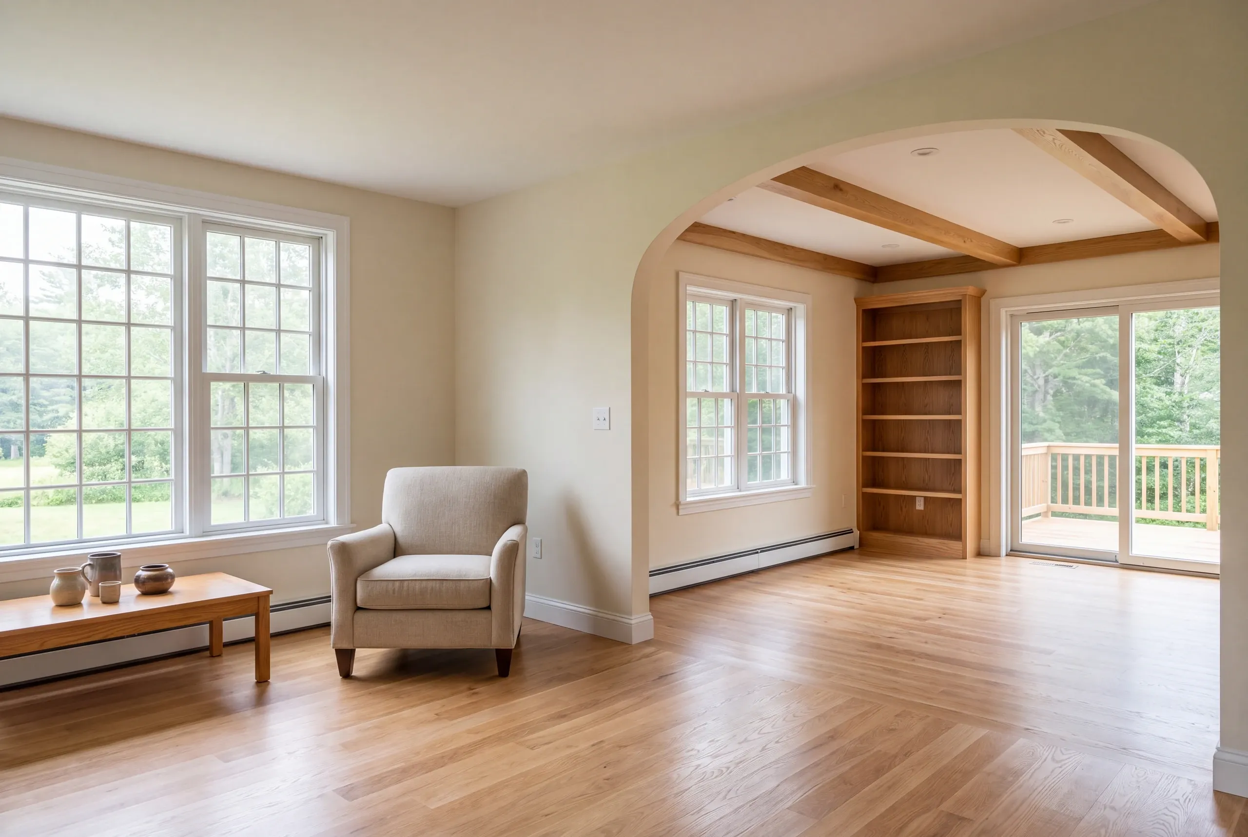 A brightly lit living space with a large arched opening connecting to an adjacent room featuring wood beam ceilings, a built-in bookshelf, and sliding glass doors leading to a deck.