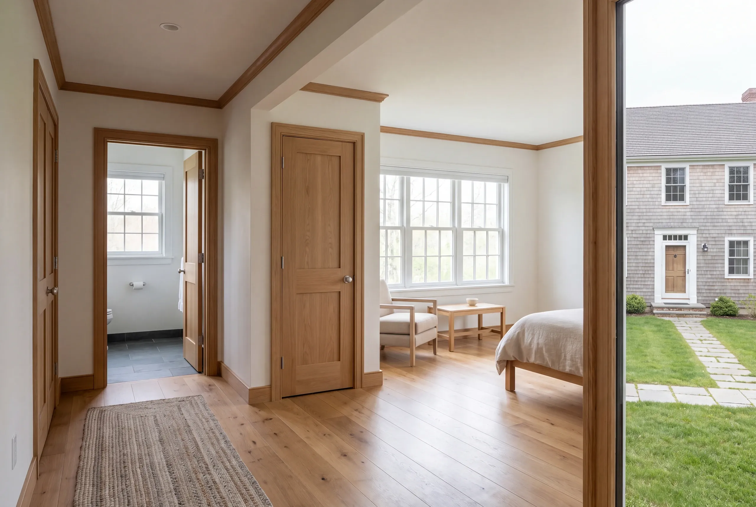 A furnished bedroom suite with wood flooring opens to a hallway with a bathroom door and a view of an exterior house through a window.