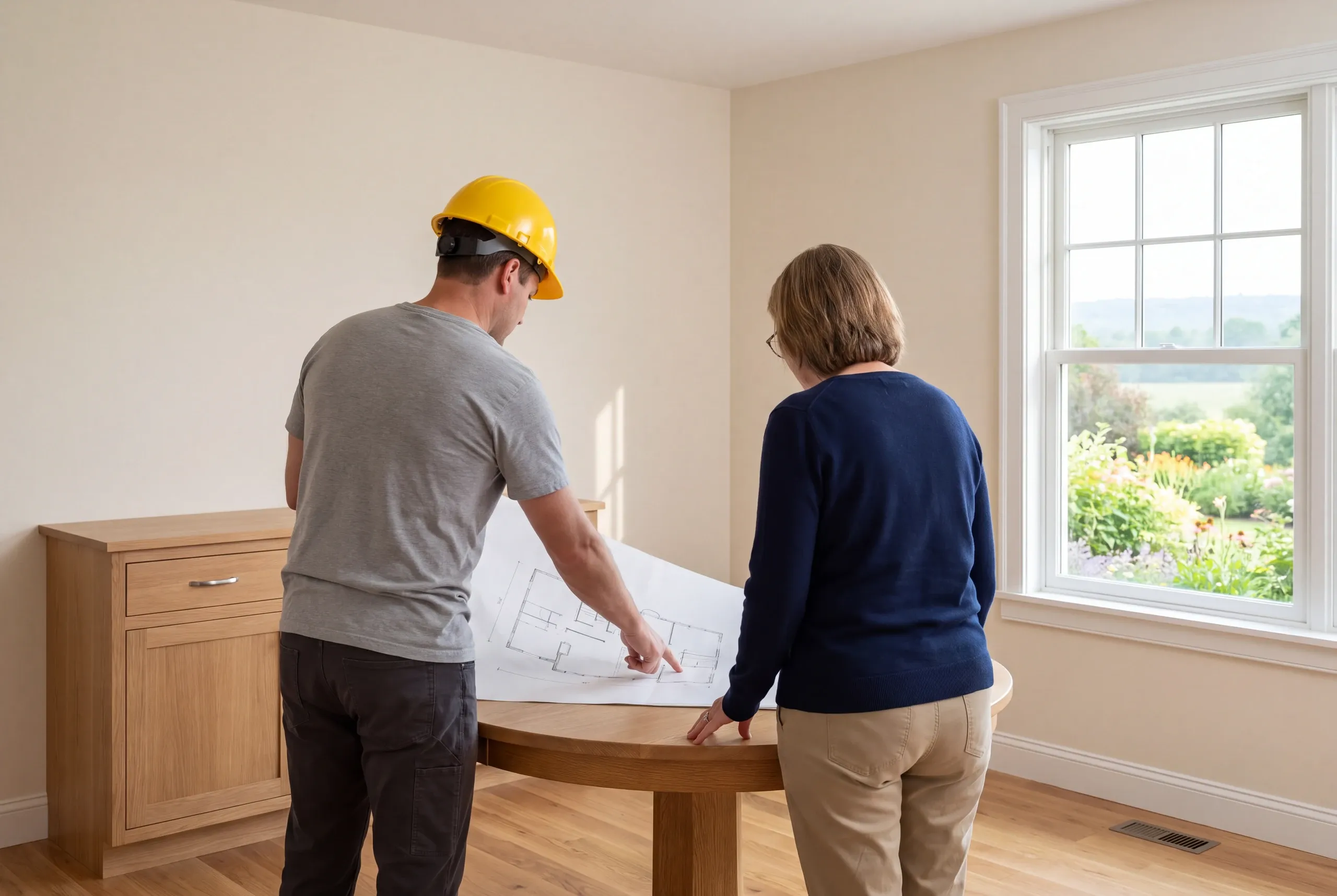 A man in a yellow hard hat and a woman stand behind a round wooden table, looking at a floor plan drawing spread across the surface.