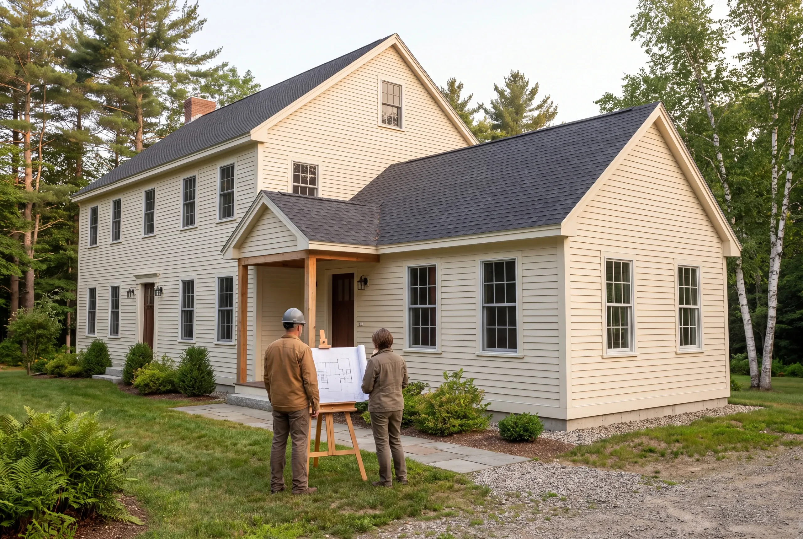 Two people viewed from behind stand outdoors looking at an architectural blueprint on an easel in front of a two-story house with light-colored siding and a dark shingled roof.