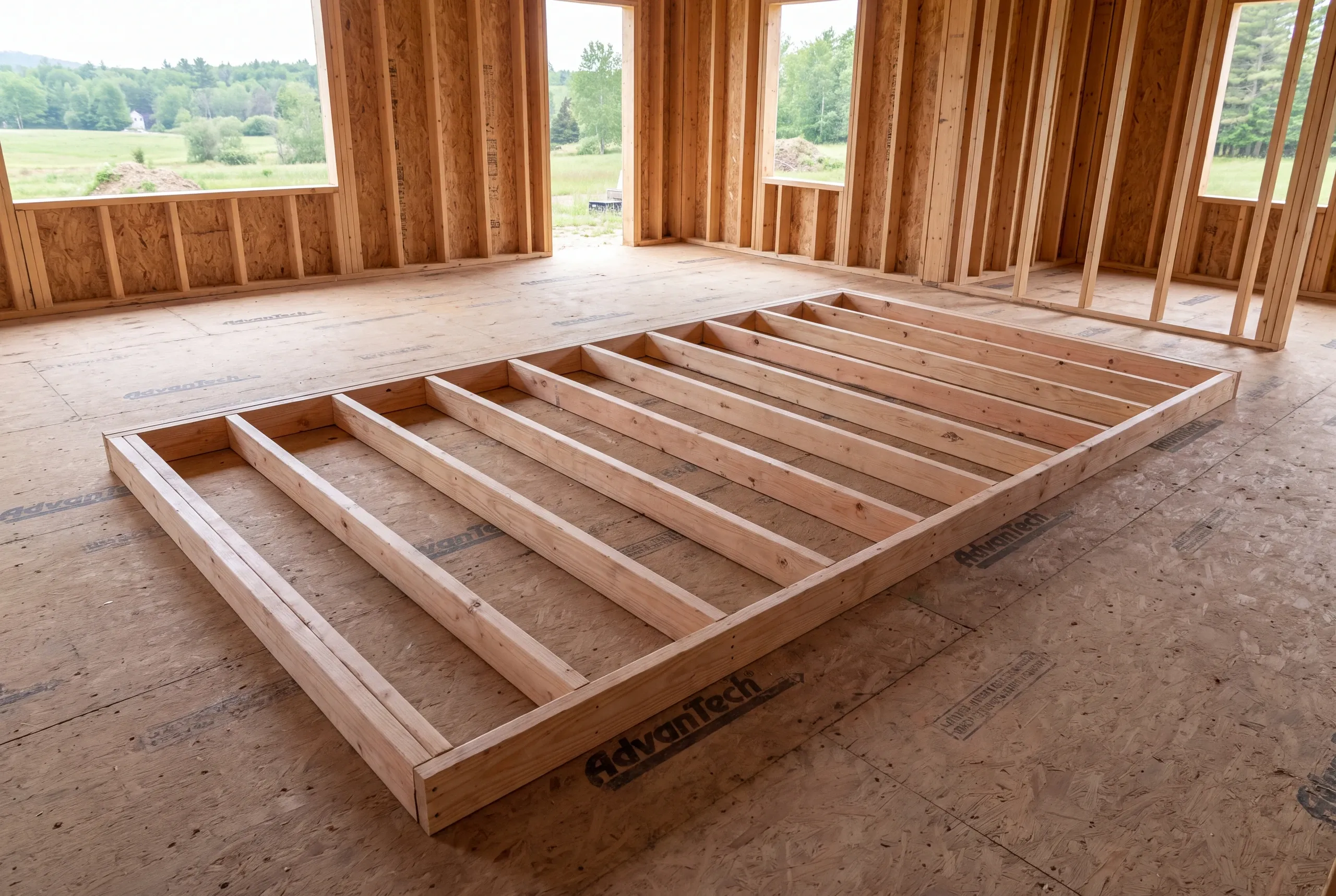 A wooden interior wall frame lies flat on a subfloor inside an uncompleted framed building.
