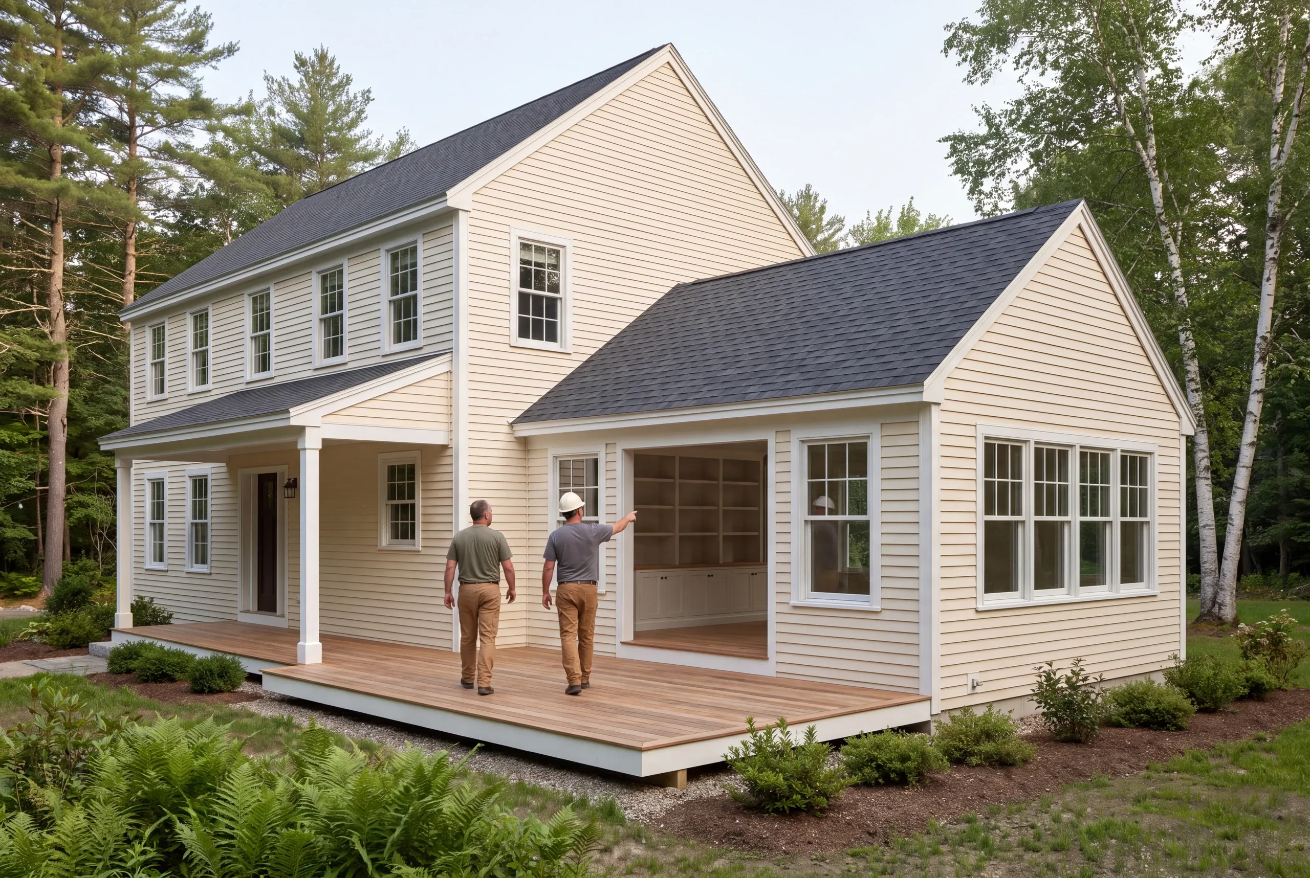 Two adults stand on a wooden deck outside a two-story light-yellow house with white trim and an attached sunroom addition.